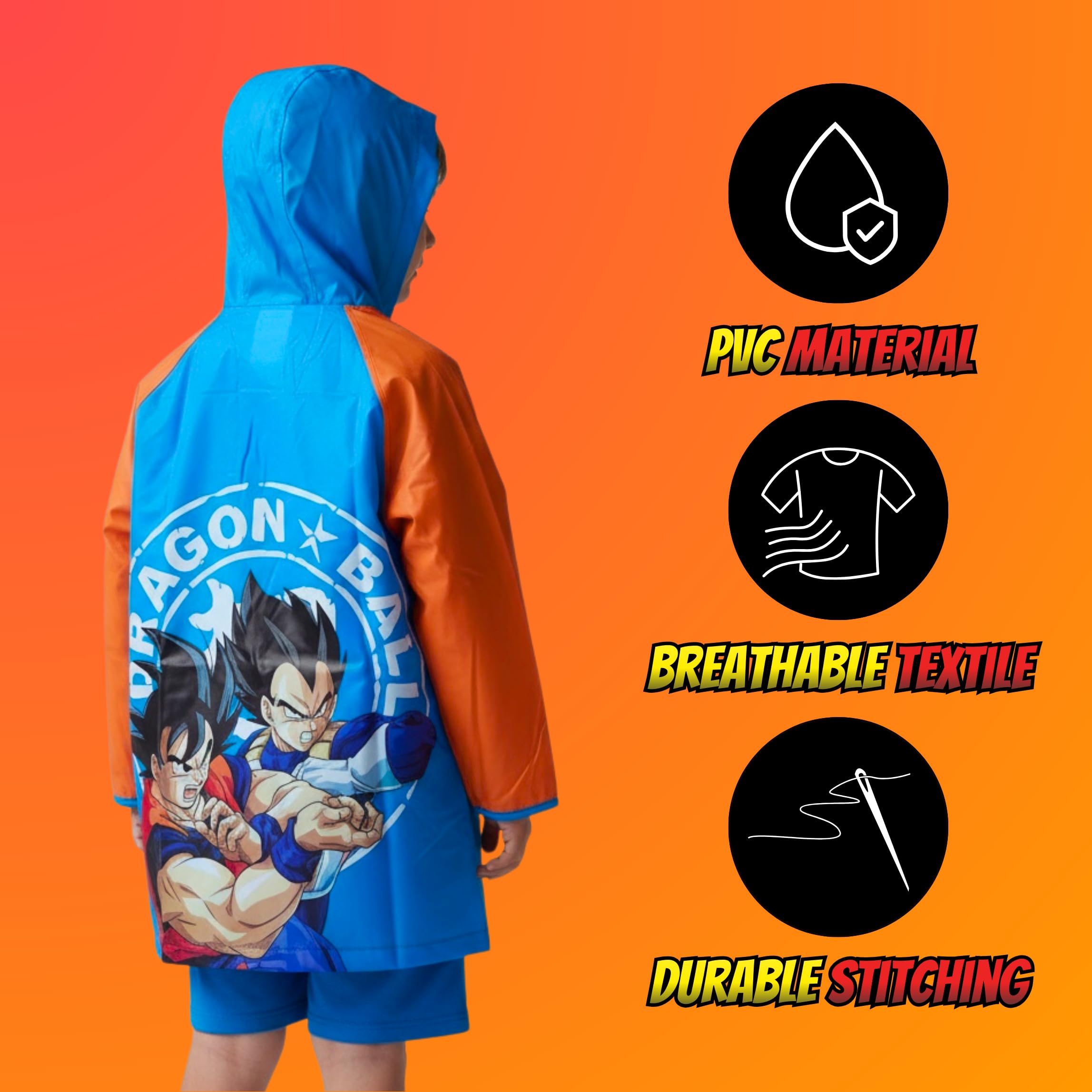 Dragon Ball Z Chubasquero Impermeable para Niños, Lluvia Chaqueta Impermeable con Capucha para Niños, Tallas 4 a 8 Años