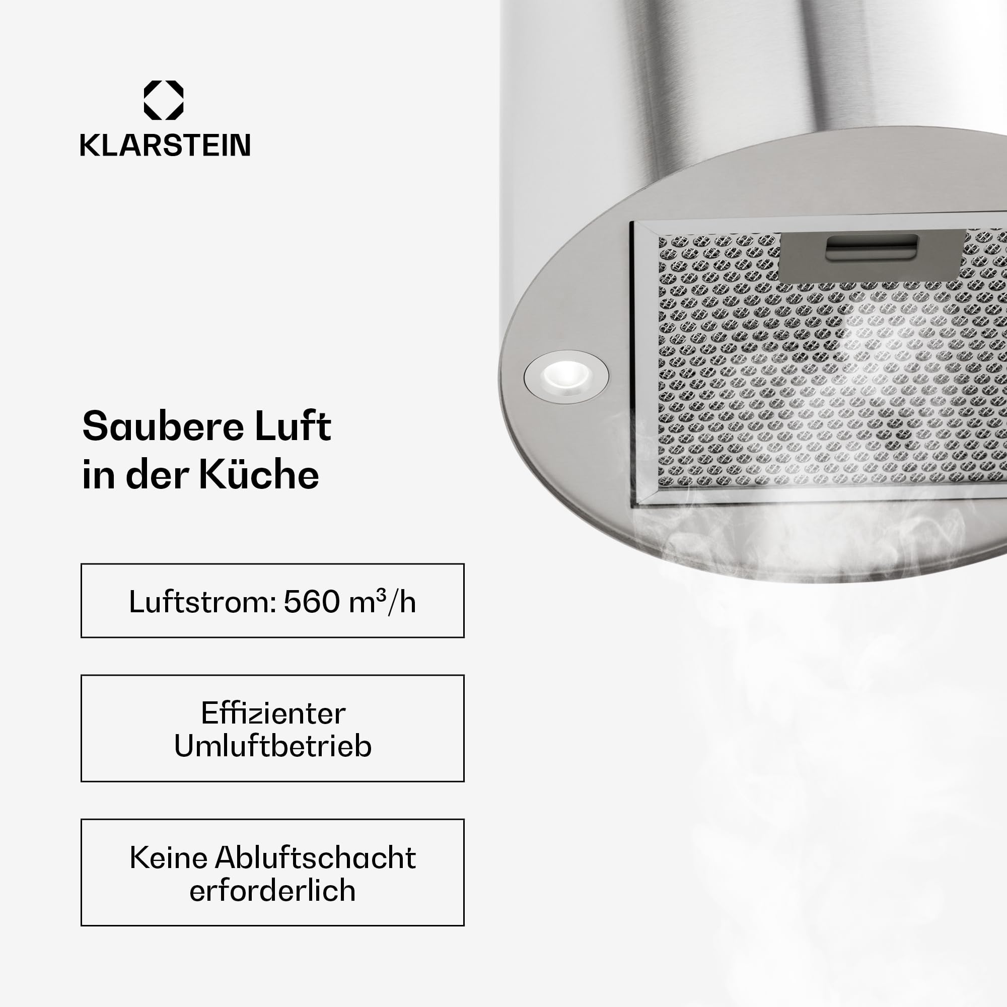 Klarstein Insel-Dunstabzugshaube Freihängend 583m³/h Abluft/Umluft 3 Stufen Aktivkohlefilter
