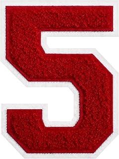 6 Inch Red Chenille Varsity Number 5 Patch with White Border Iron On or Sew On for Letterman Jackets Team Uniforms Backpacks Durable & Fade Resistant (5)