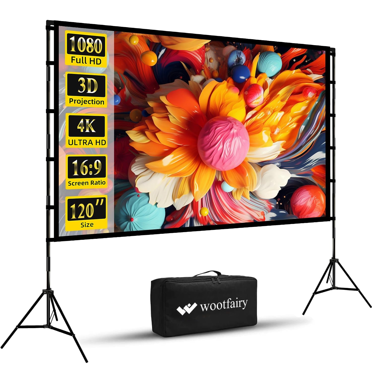 projector screen and stand, wootfairy 120 inch foldable and portable projection screen 16:9 4k hd rear front wrinkle-free movie screen with carry bag for indoor outdoor home theater backyard cinema