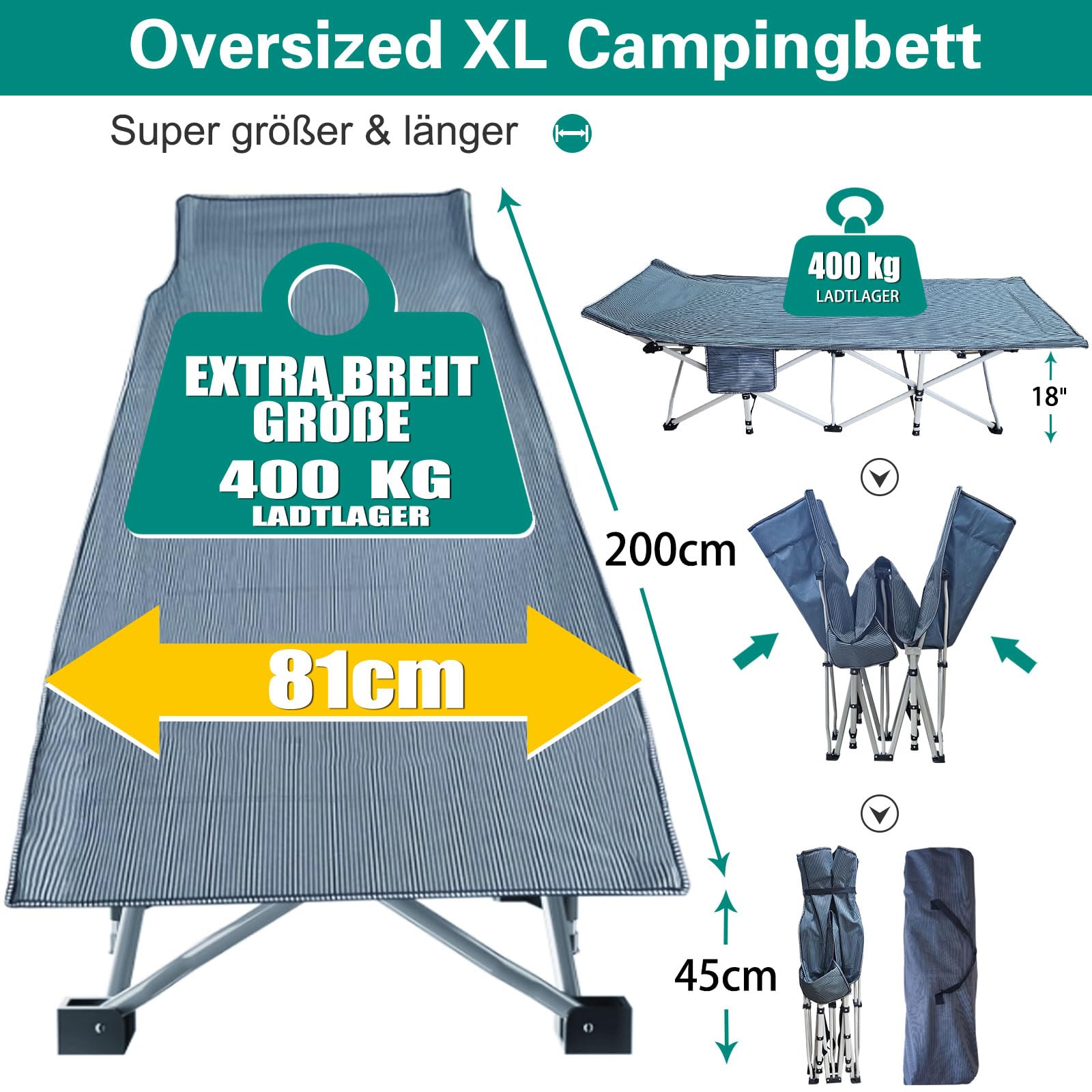 Feldbett Klappbar XXL, Extra Breit 81cm, mit Matratze, für Erwachsene, Campingbett Tragfähigkeit 400KG Gästebett Klappbett, mit Seitentasche, tragbares Campingliege, Outdoor, Reisen, Garten, Indoor