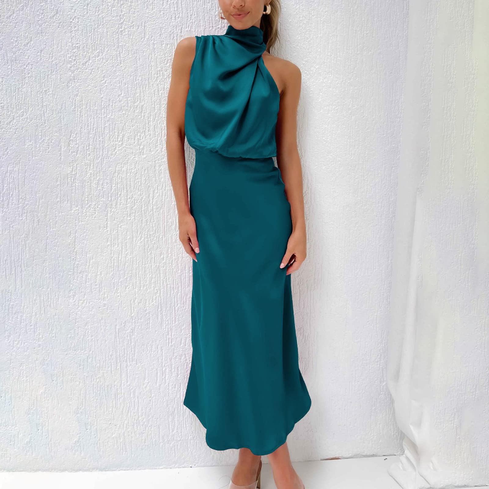 Elegante vestido de noche largo de satén sin mangas con cuello halter para mujer, para verano, boda, cintura alta, elegante vestido