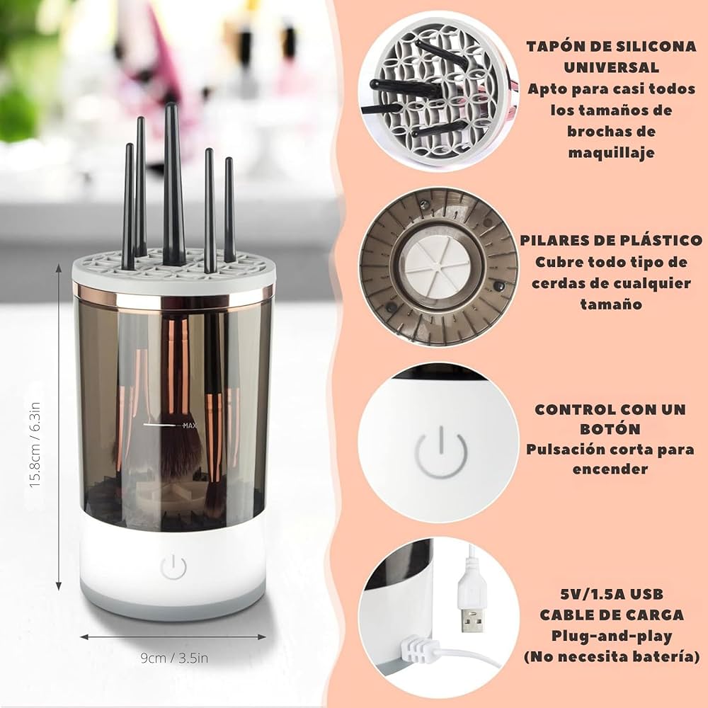 ZONA SUR - Limpiador Eléctrico de Brochas de Maquillaje: Rápido, Automático y Portátil, Apto para Todo Tipo de Pinceles, con Tecnología de Limpieza Profunda - Ideal para Maquilladores : Amazon.es: Belleza