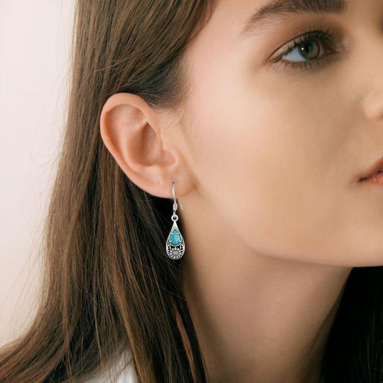 Sunflower Turquoise Earrings 925 Sterling Silver Genuine Turquoise Sunflower Earrings Western Nature Gemstone Turquoises Jewelry Gifts for Women - Image 5