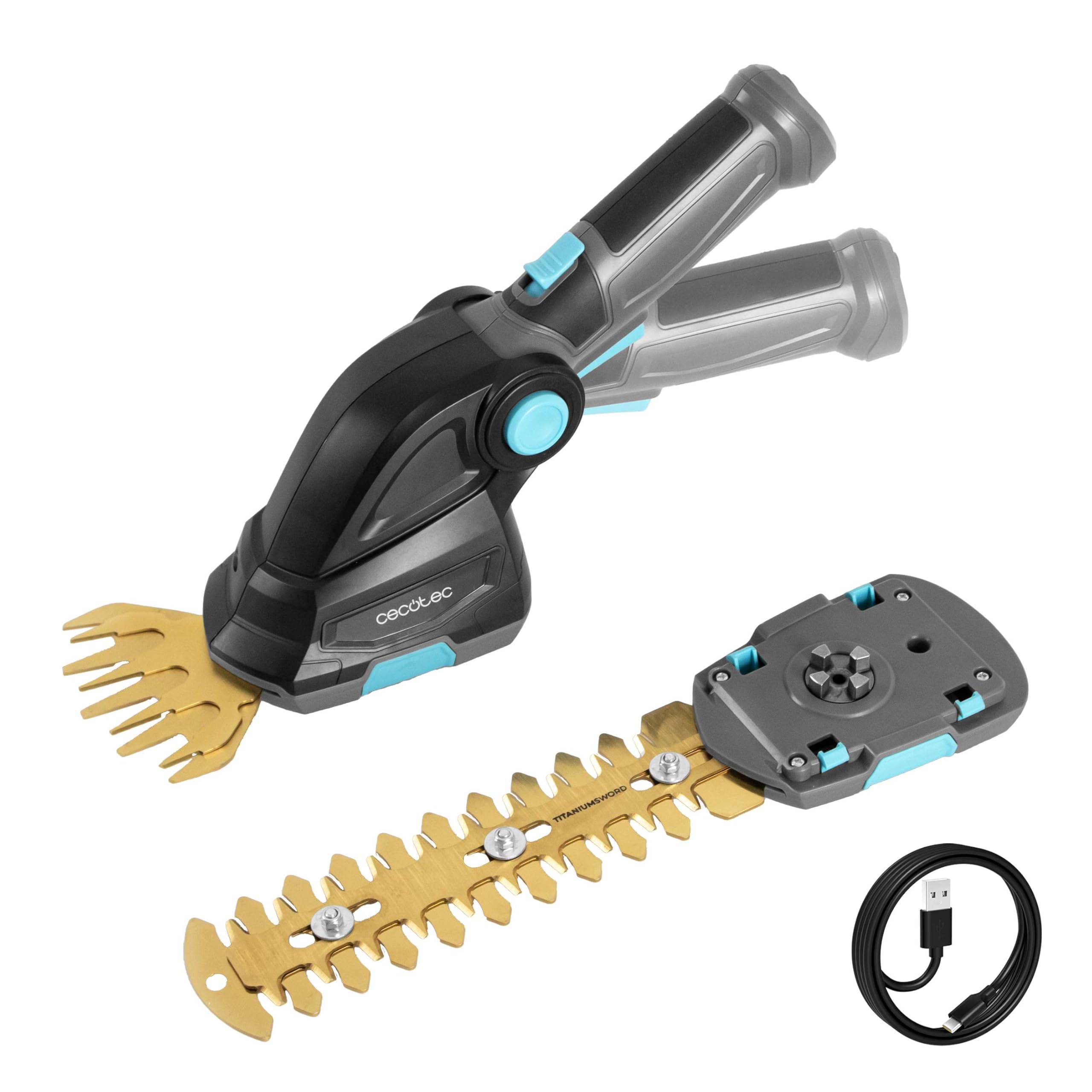 Cecotec Tagliasiepi Elettrico a Batteria Manuale TitaniumSword 2000 Hand. 2 in 1, Batteria Integrata 7,2V, Motore Brushless, Lame in Titanio, Impugnatura Rotante, 2 Accessori, Sistema di Sicurezza