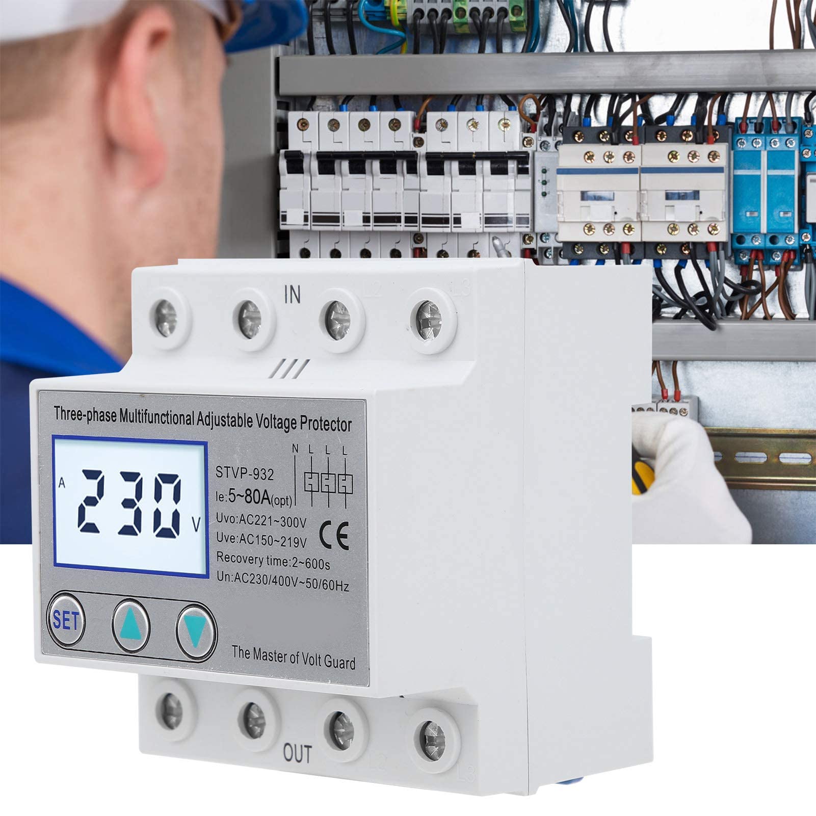 Stabilizzatore di Tensione Trifase Regolabile con Protezione di Tensione e Ripristino Automatico, Display LCD, 63A - Relè di Protezione di Tensione per Uso Industriale e Domestico