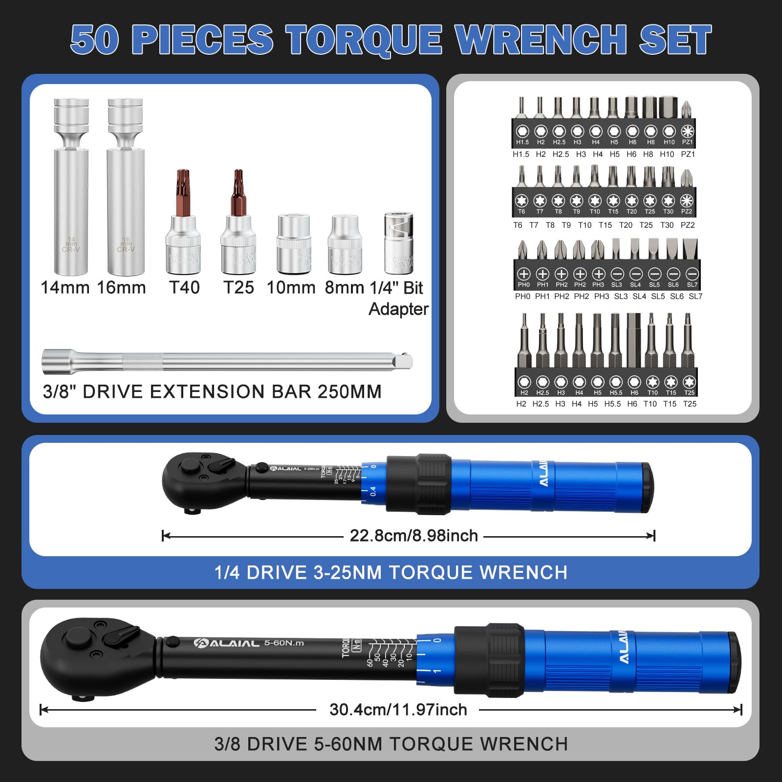 Clé Dynamométrique 1/4" & 3/8", 3-25Nm, 5-60Nm, 50 Pièces Kit D'entretien, Précision ±3% avec Extension de 250mm, Douilles à Bougie, Bits Adaptateur, Douilles pour Vélo, Autos et Motos