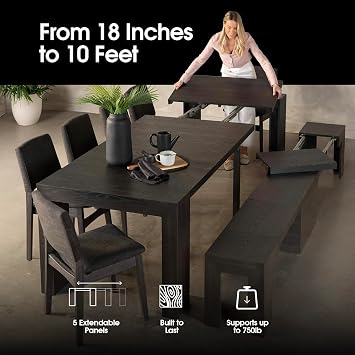 Transformer Table - Solid Wood Extendable Dining Table, Seats 2-12, Expandable Dining Room Table, Space-Saving Furniture, Kitchen and Dining Room Furniture (Black, Table + 2 Benches)