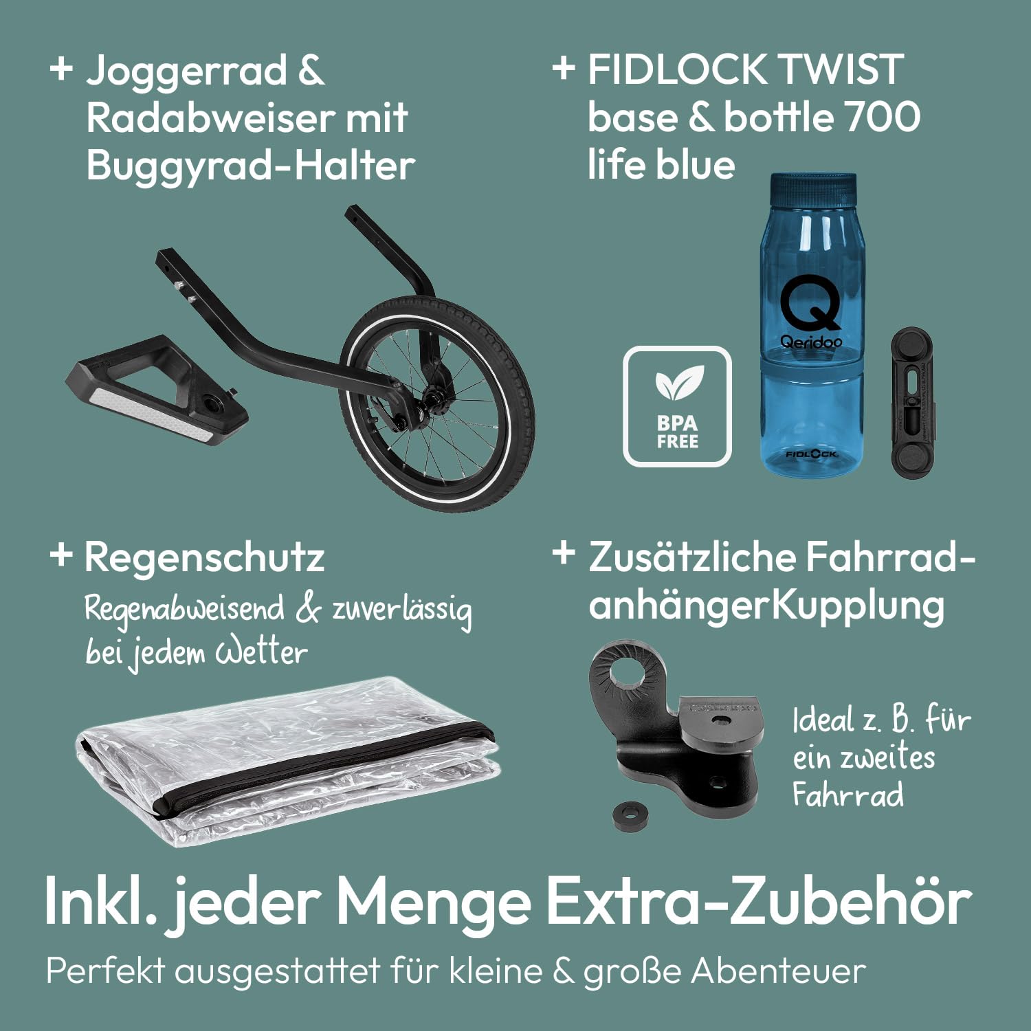 Qeridoo QUPA 2 Plus Mineral Blue Jogger-Set | Fahrradanhänger 2 Kinder mit Joggerrad, Kupplung & Faltgarage | Fahrrad Anhänger Kinder | Kinderanhänger Fahrrad | Jogger Kinderwagen