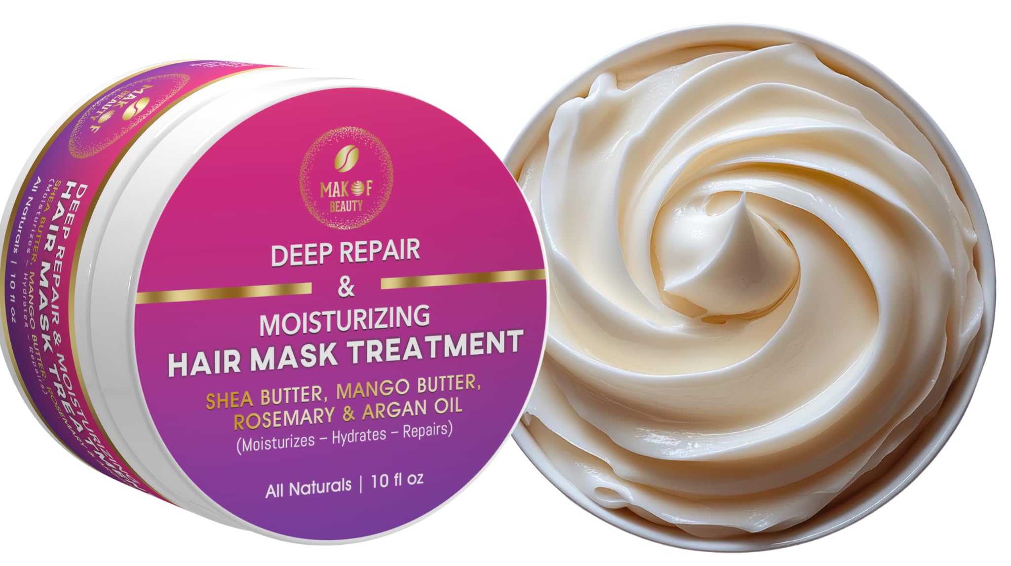 MAKOF BEAUTY Deep Repair Hair Mask - Moisturizing Treatment with Shea Butter, Mango Butter, Argan Oil & Rosemary - Hydrates & Restores Dry, Damaged Hair - 10 fl oz