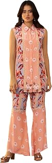 Arangya Pure Crepe Printed Co-Ord Set with Shirt Collar & Wide Leg Flared Pants l Sleeveless Matching Top & Bottom Set Price In India