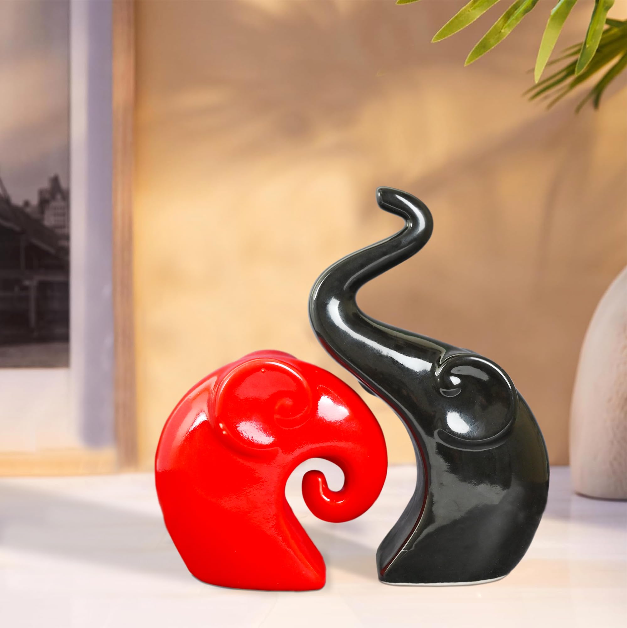 Rousrie Elephant Family Showpiece, Ceramic Gloss Finish Auspicious Figurines for Living Room, Office, Bedroom (Set of 2)
