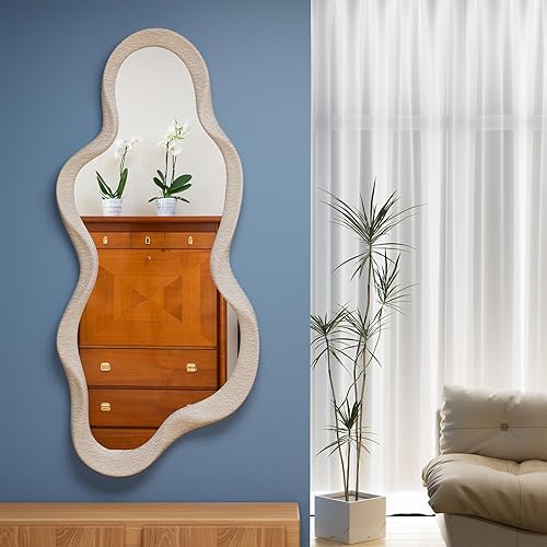 Miniatura 4 de osemy Espejo de pared irregular de 36 x 24 pulgadas, espejo de pared enmarcado de madera, espejo ondulado de pared asimétrico para sala de estar,