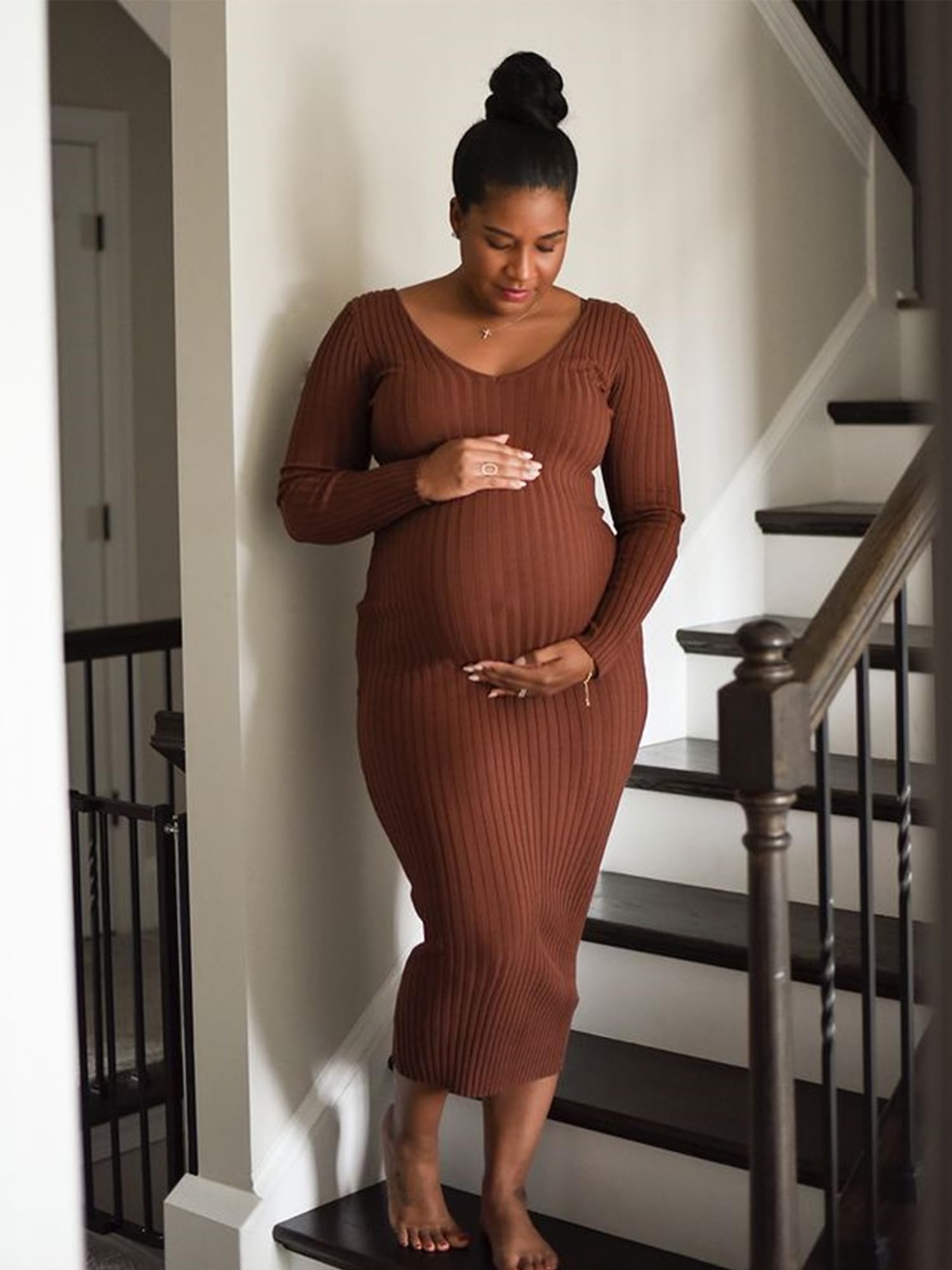 Abito premaman a maniche lunghe con scollo a V in maglia elasticizzata abiti maglione vestiti per gravidanza per servizio fotografico baby shower, Caramello, M