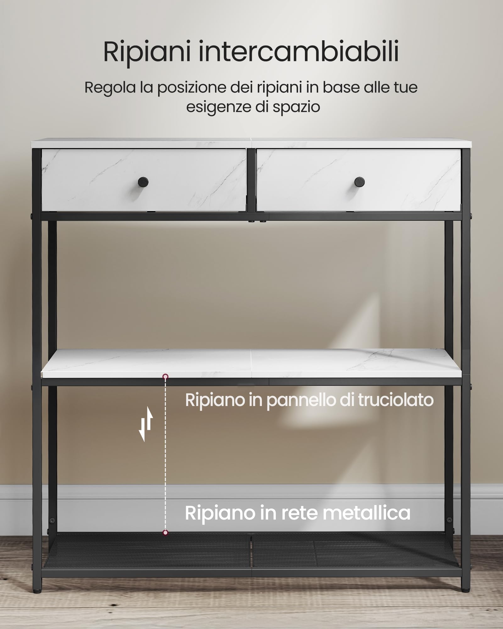 VASAGLE Tavolo Consolle Stretto, Tavolo da Ingresso con 2 Cassetti in Tessuto, Tavolino da Divano a 3 Livelli, 24 x 76 x 80 cm, per Ingresso, Soggiorno, Bianco Marmo e Nero Inchiostro LNT092W01