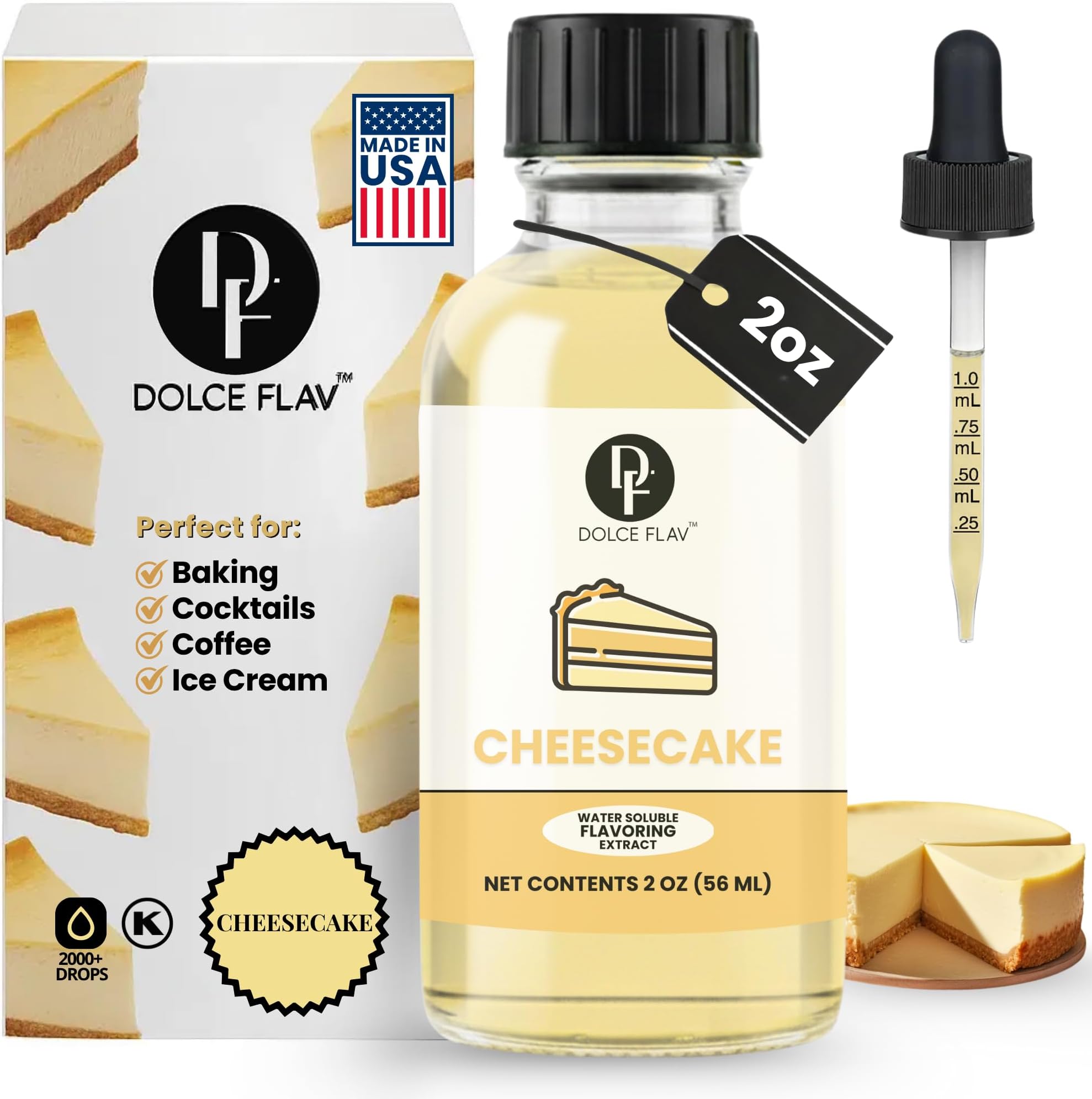 Dolce Flav Cheesecake Extract – 2 Ounce Water-Soluble Kosher, Sugar-Free, Concentrated Creamy Flavor for Desserts, Frostings & Pastries, Includes Measured Dropper