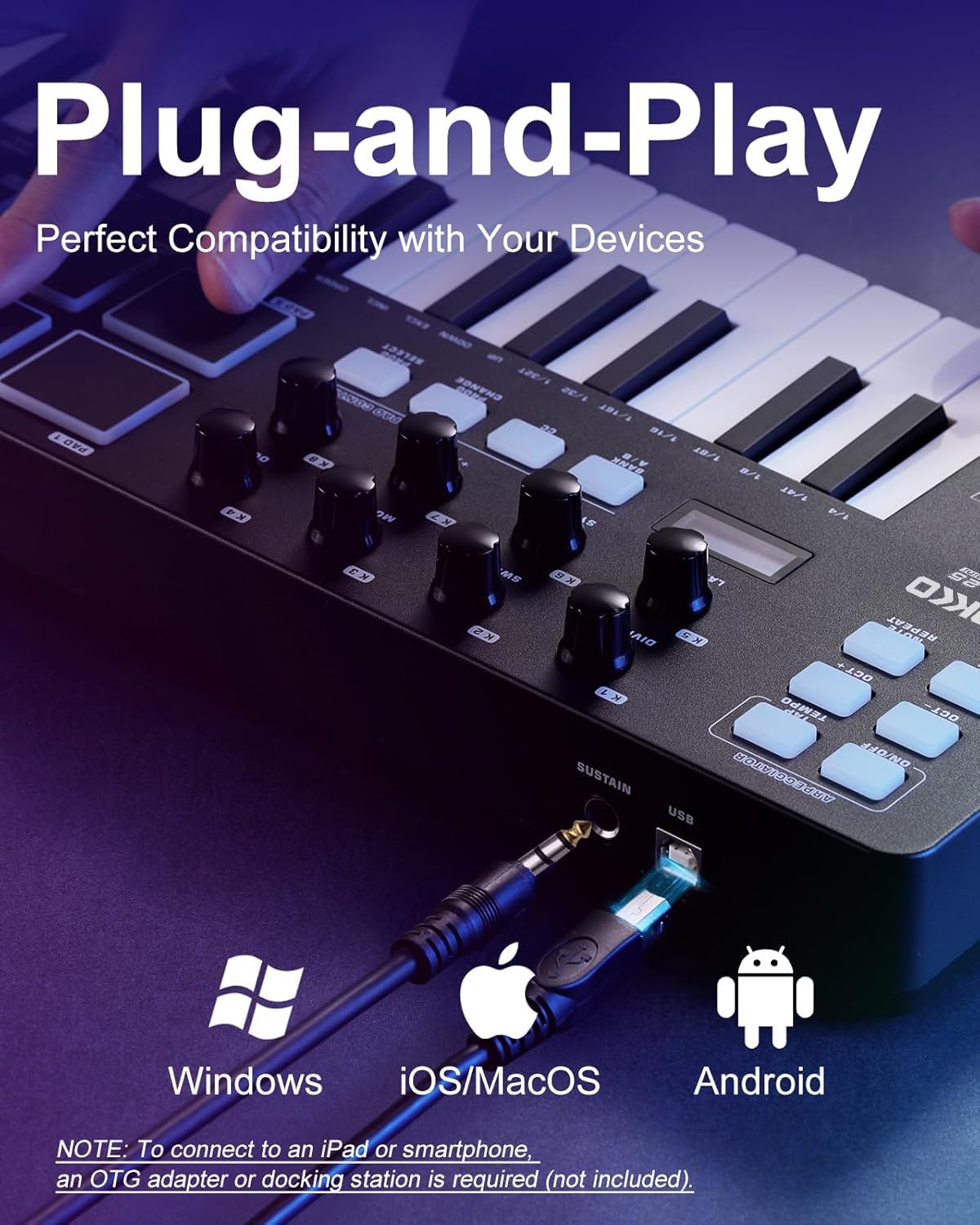 AZOR KOKKO MIDI Keyboard, Mini KB-25 25 Key MIDI Controller mit 8 hintergrundbeleuchteten Drum-Pads, 8 Reglern und Pitch Bend Wheel, Modulationsrad für Musikproduktion, Cubase LE Software enthalten