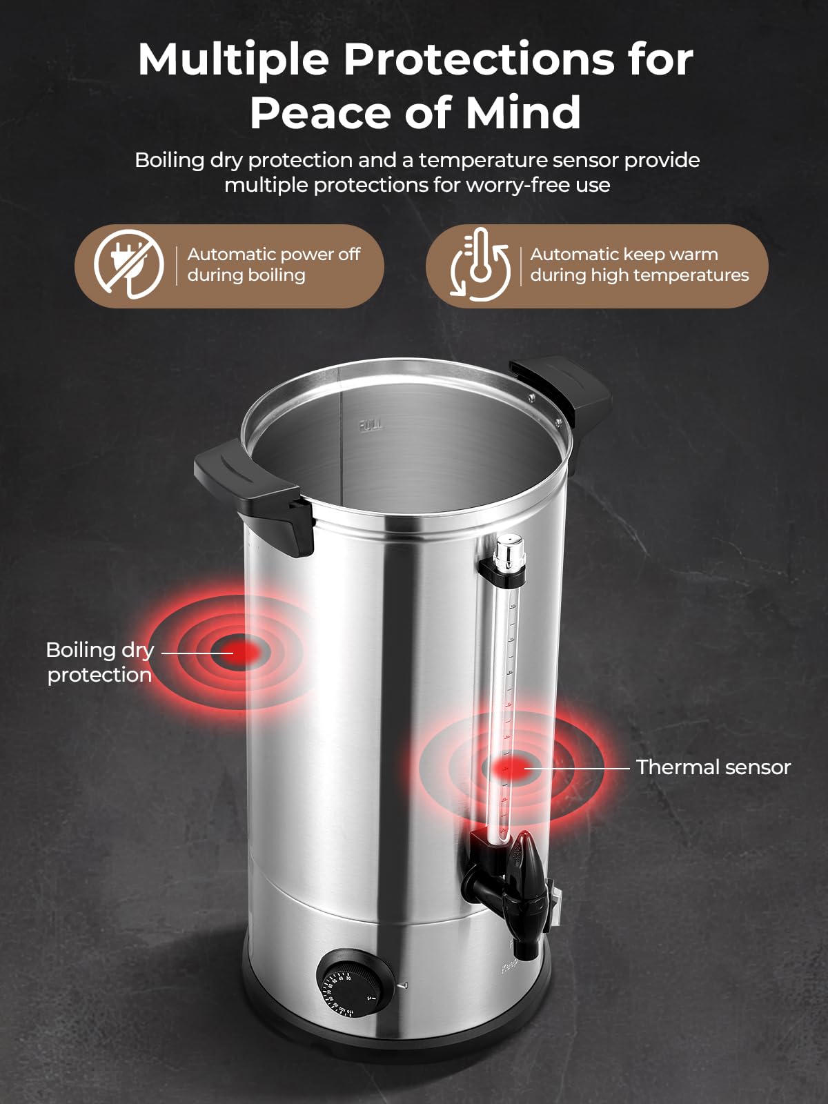 Bollitore Per Vin Brulé da 10 litri, Erogatore di Acqua Calda da 1500 W Con Rubinetto e Termostato, Erogatore Elettrico di Bevande Calde da 100 Tazze/ora, Pentola per Vin Brulé e Bollitore