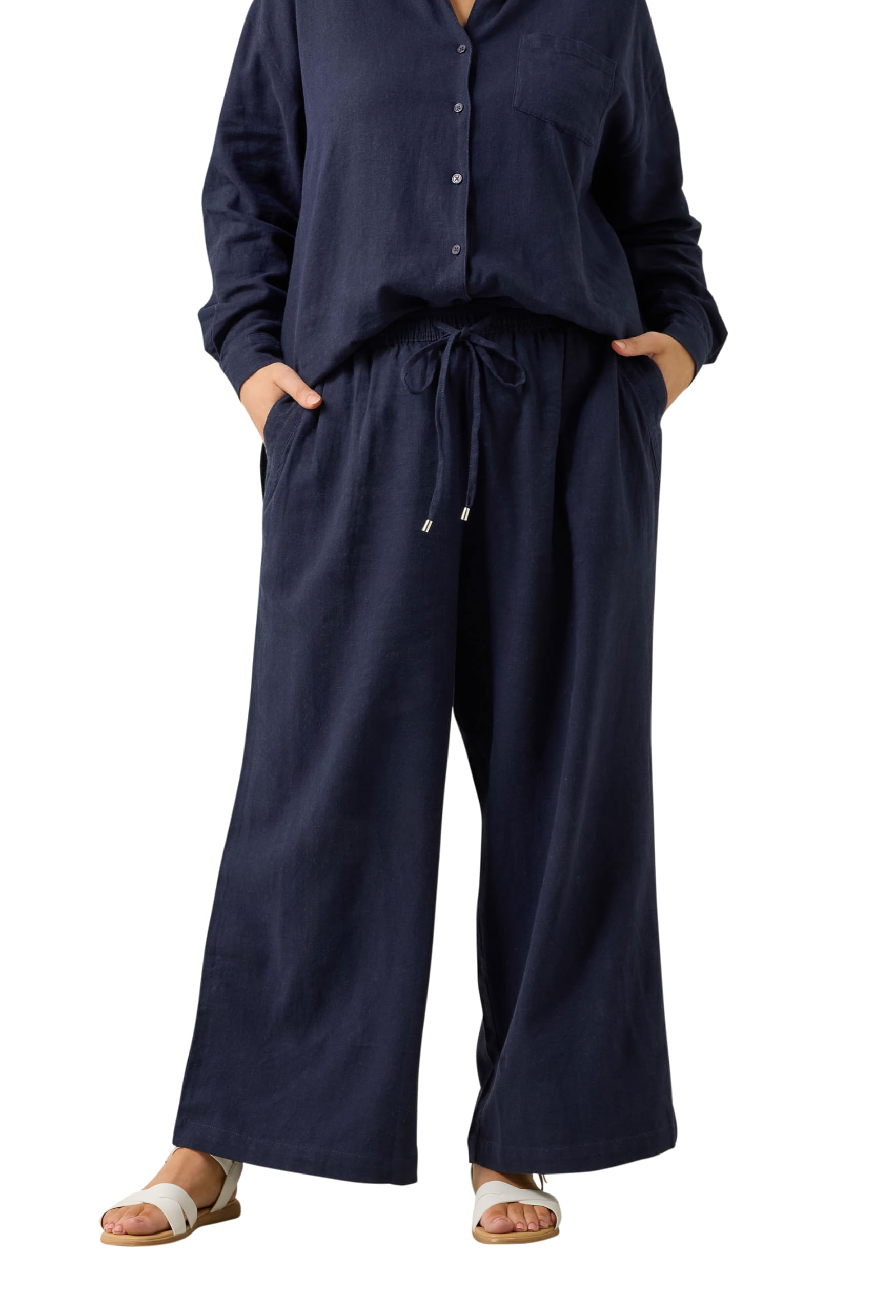 Evans Women's Navy Curve Blue Wide Leg Premium Linen Trousers - Plus Size Curve