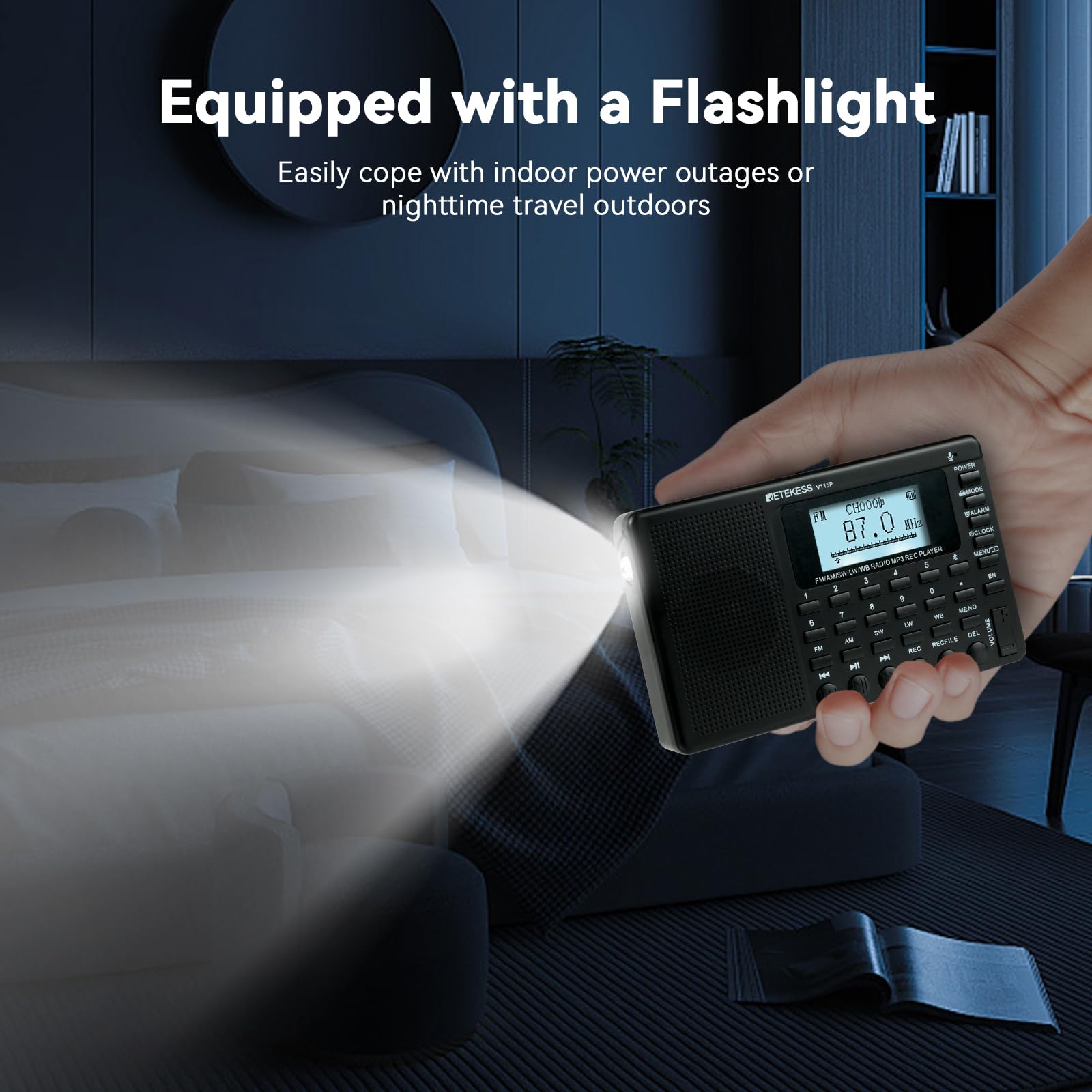 Retekess V115P Tragbares Digitales Radio,Radio Batteriebetrieben,AM FM SW LW WB,1800mAh Wiederaufladbare,TF/AUX,Aufnahme, Taschenlampe, Sleep-Timer, Wecker, für Notfälle, Camping