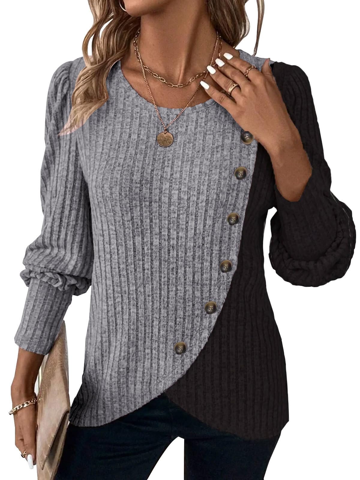MixShe Womens Knit Sweaters 2026 Fall Winter Casual Long Sleeve Ribbed Colorblock Button Pullover Tops