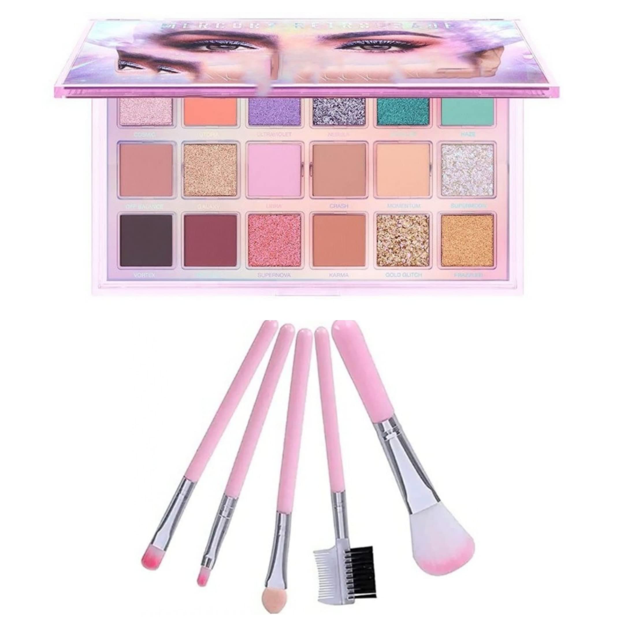 CRAZY HUDA Professional Longlasting Waterproof 18 Color Shimmer Multicolor Eyeshadow With 5Pcs Pink Makeup Brush