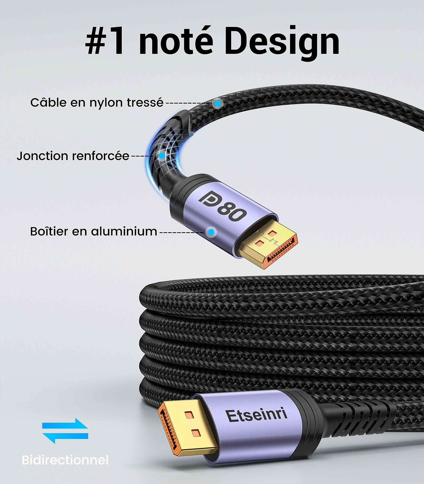 Câble DisplayPort 2.1 80Gbps 4M VESA Certifié 16K@30Hz 8K@240Hz 4K@540Hz HDR HDCP2.3 FreeSync G-Sync DP pour Moniteur Gaming
