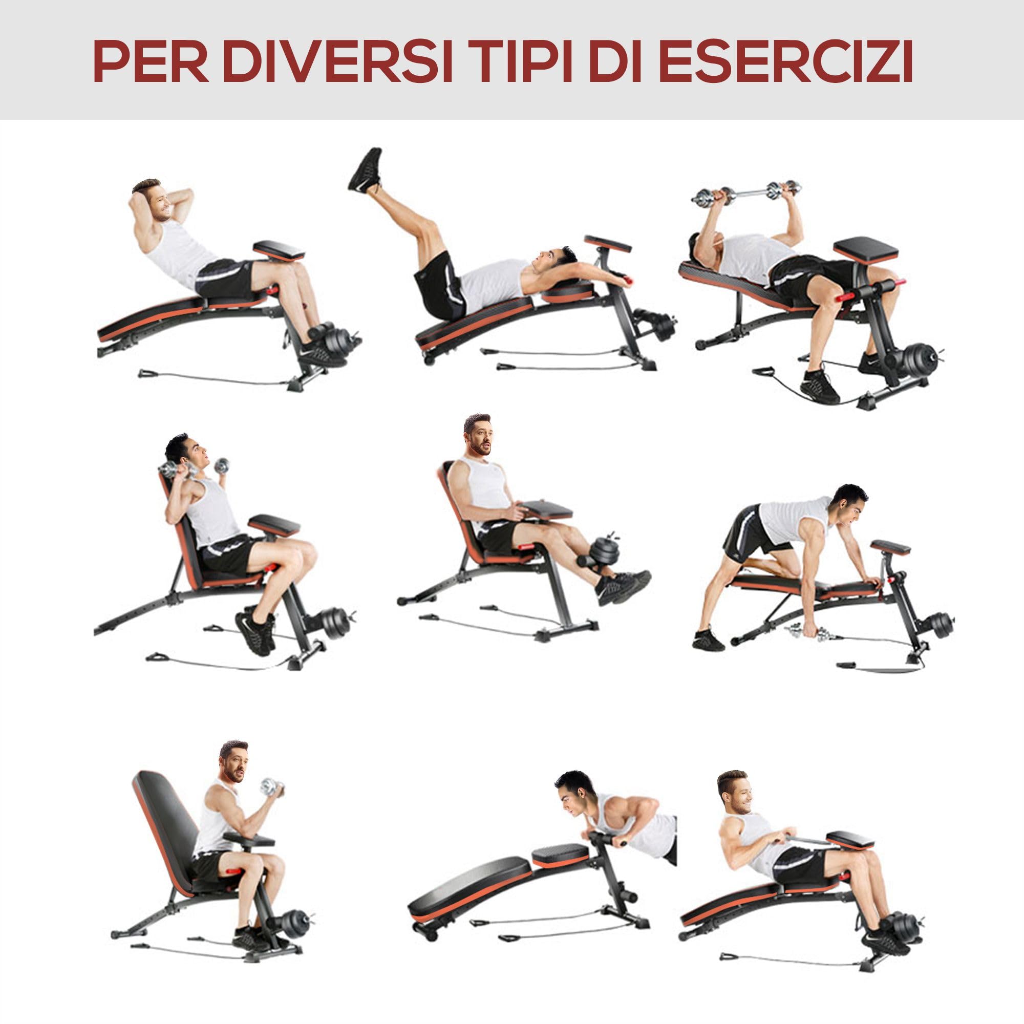 HOMCOM Panca Palestra Pieghevole, Panca Addominali Multifunzione Inclinabile con Schienale Regolabile a 7 Livelli, Macchina Leg Extension, Cuscinetto, Banda di Resistenza, per Allenamento Casa