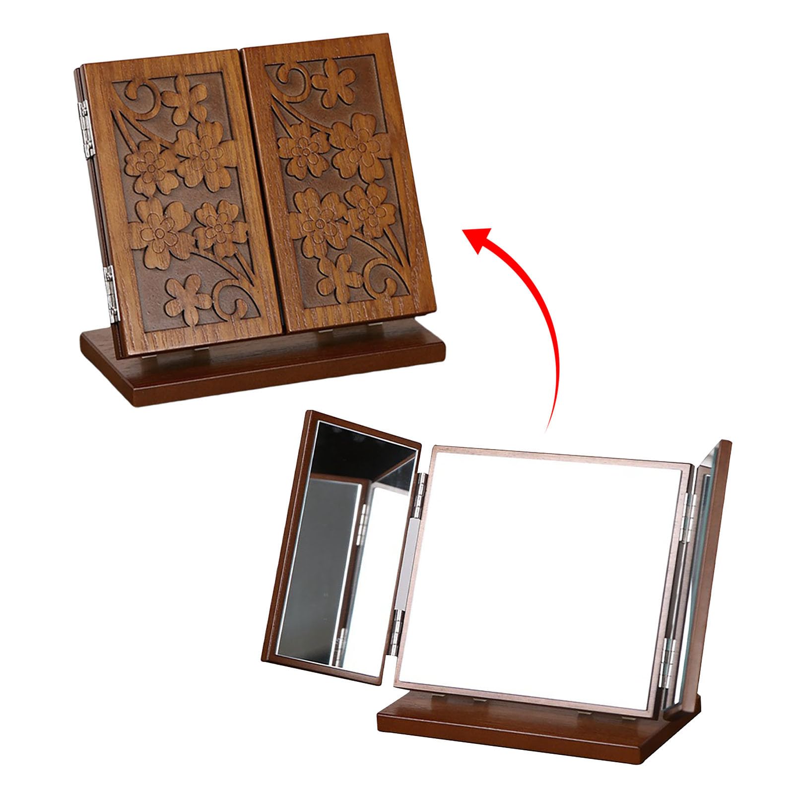 Anneome Espejo de Maquillaje de Madera Diseño Tallado de Trébol, Estructura de Tres Caras Plegable y Superficie Clara para Uso Doméstico y Tocador
