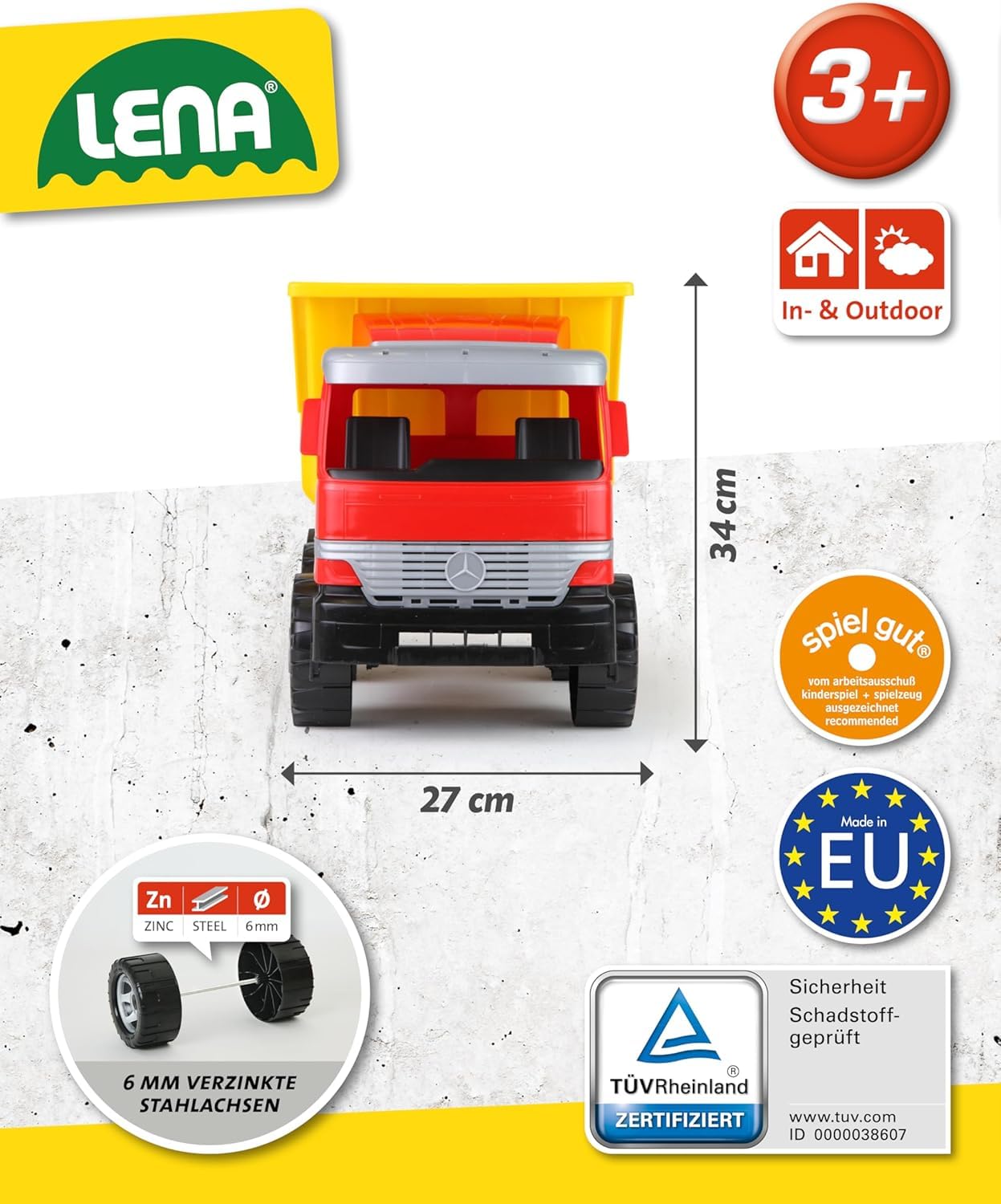 Lena - 02031 – Riesen Muldenkipper Mercedes-Benz Actros, Kipplaster ca. 63 cm mit 3 Achsen und verriegelbarer Kippmulde, robuster Baustellen-LKW für Kinder ab 3 Jahren