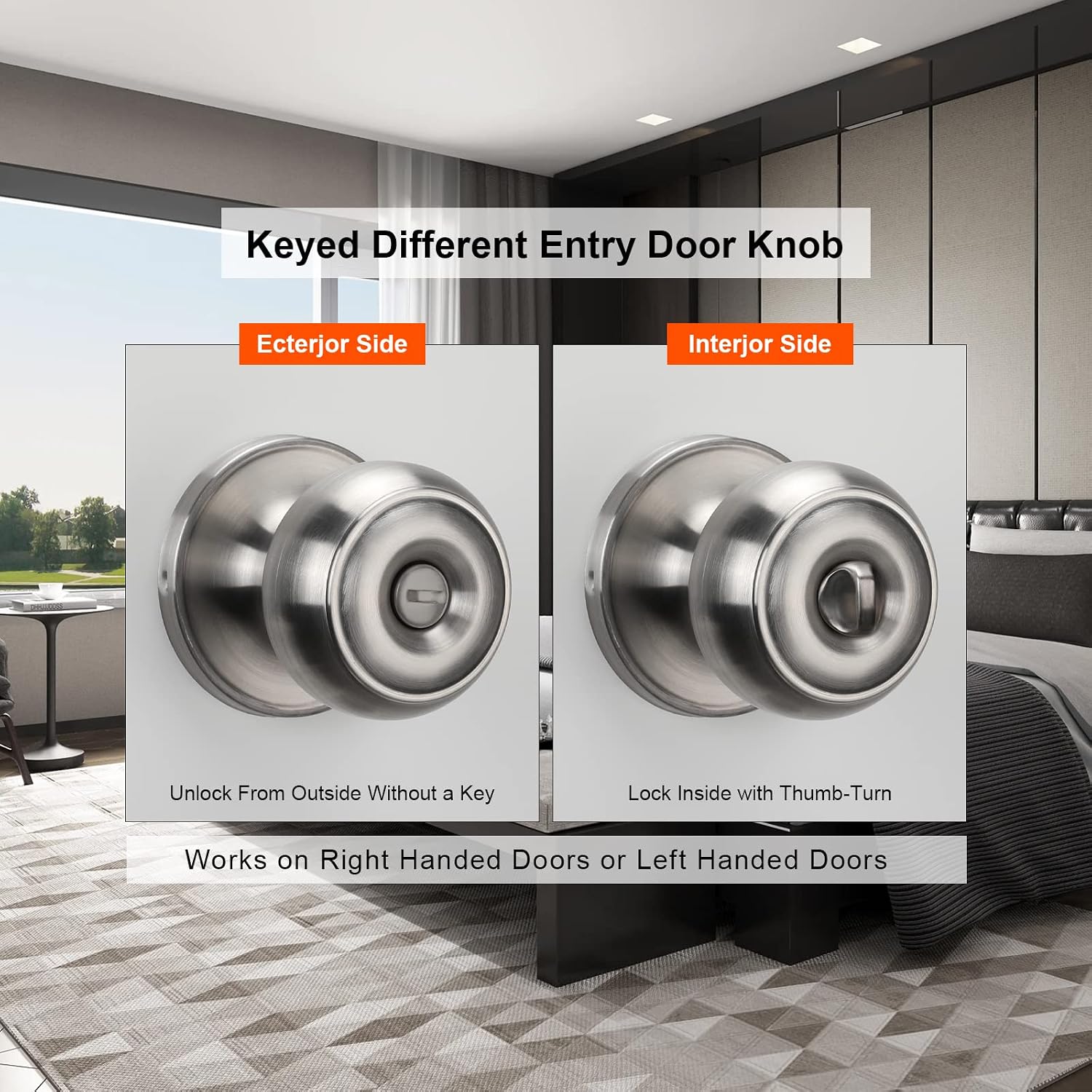 Haidms Brushed Nickel Door Knobs Interior, Silver Privacy keyless Door knob with Thumb Turn for Bedroom or Bathroom Privacy Function 1 Pack