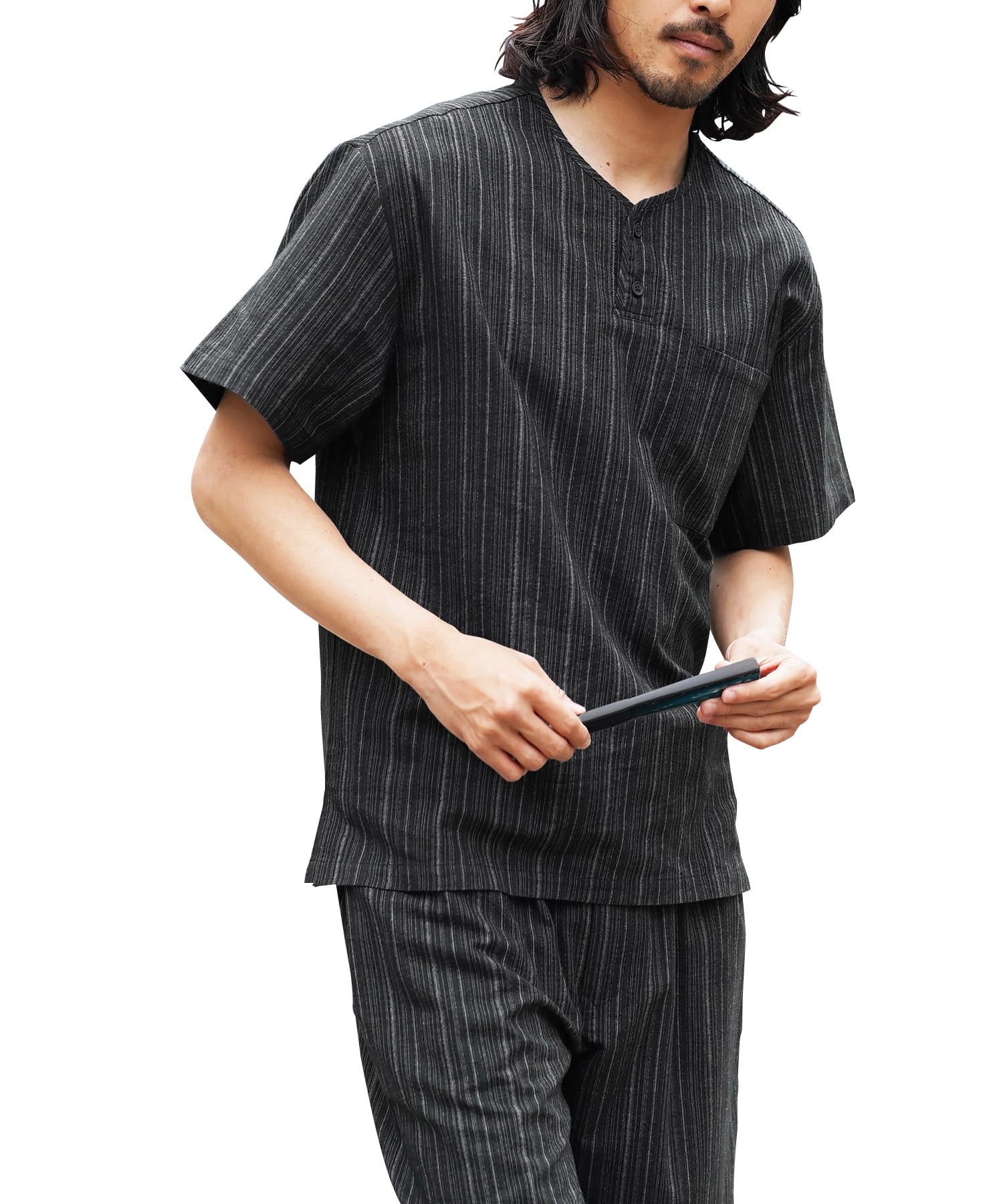 Jiggys Shop Jinbei Men's Top and Bottom Set, Jinbei, 100% Cotton, Kimono, Shijira Weave, Father's Day, Nightwear, Loungewear, Summer Clothing, Festivals, Fireworks, B Ashstripe Shijira (Henley Neck) :