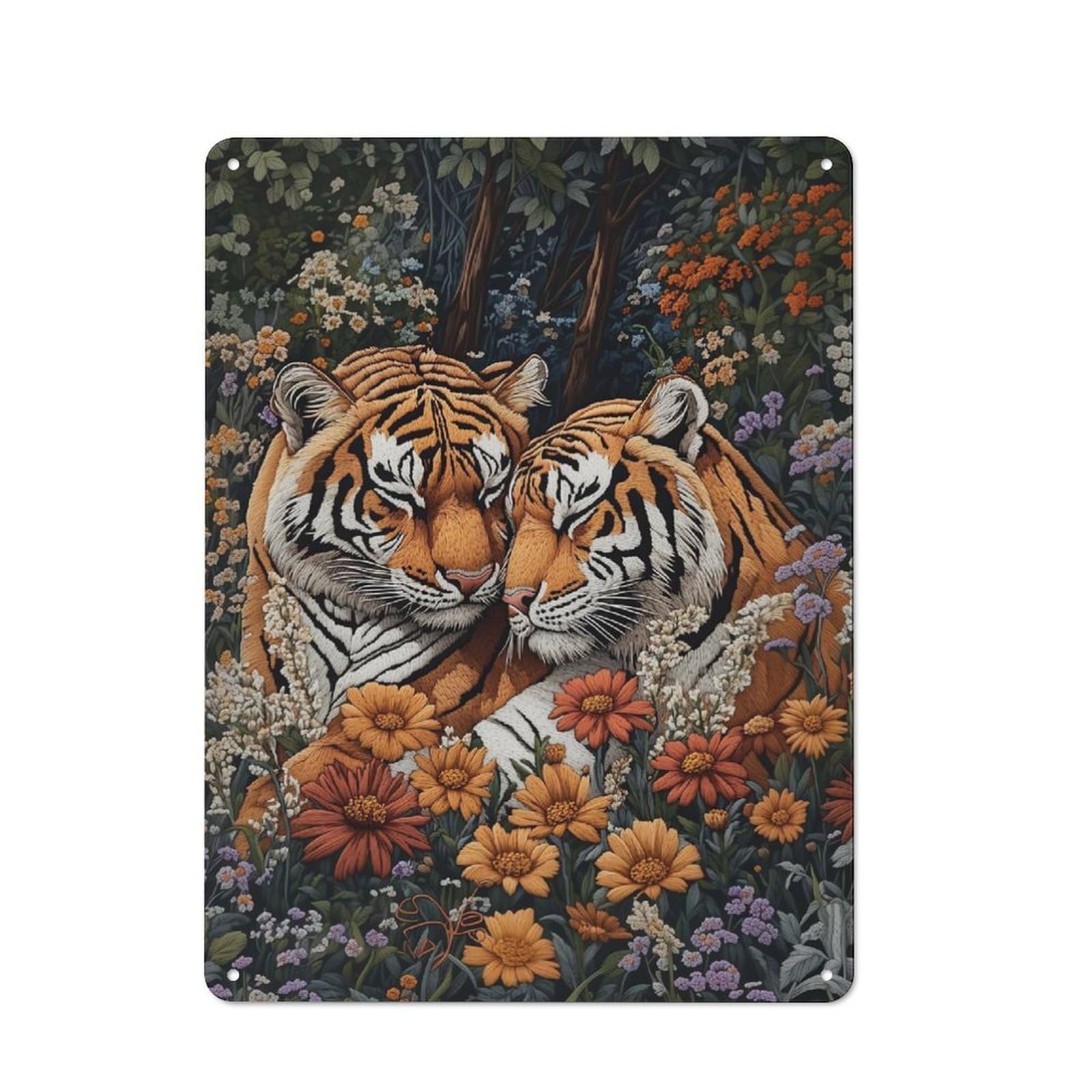 Junmoney Tiger Love In Bloom Metal Plaque 40X30cm With For Pub Or Café, Rustic Decor, For Pub Decor Enthusiasts