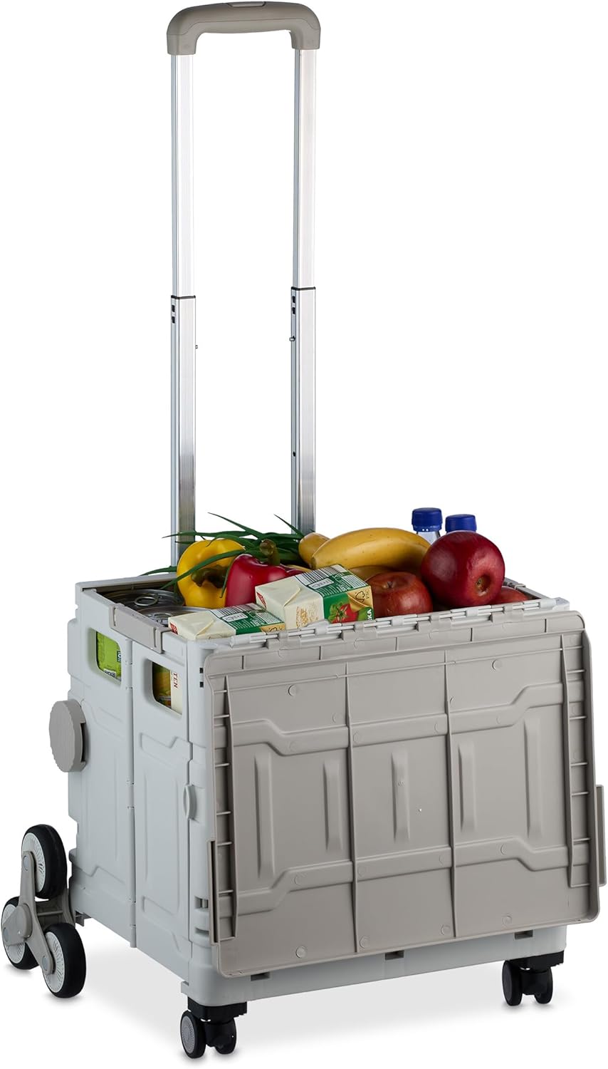 Relaxdays Carrello Spesa Pieghevole Portata 50 kg Manico Telescopico Trolley Borsa Trolley Bianco Grigio
