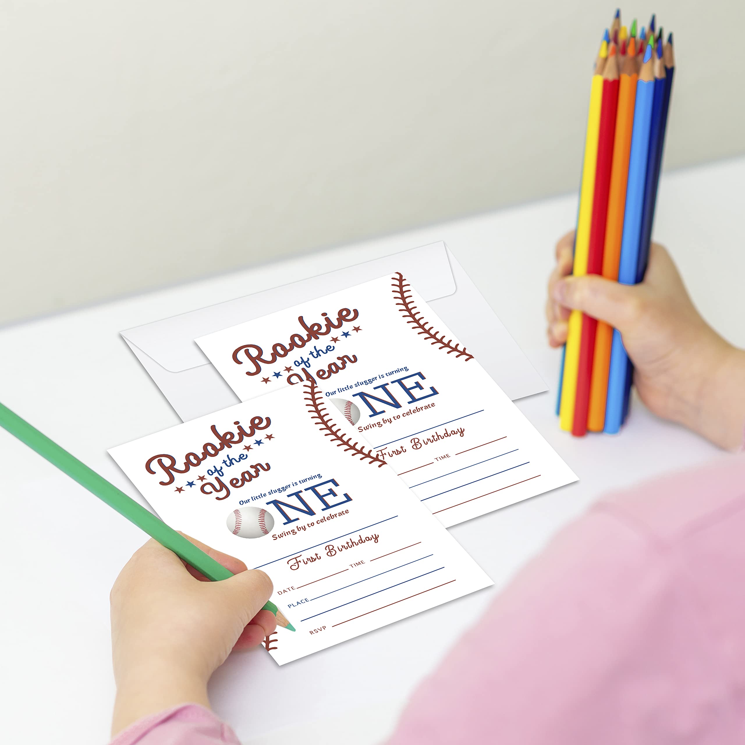 Birthday Invitations Cards with Envelopes Set of 20 - Rookie of the Year Baseball First Birthday Party Invitations for Kids, Boys or Girls, Kids Party Celebration, Supplies/BDAY066