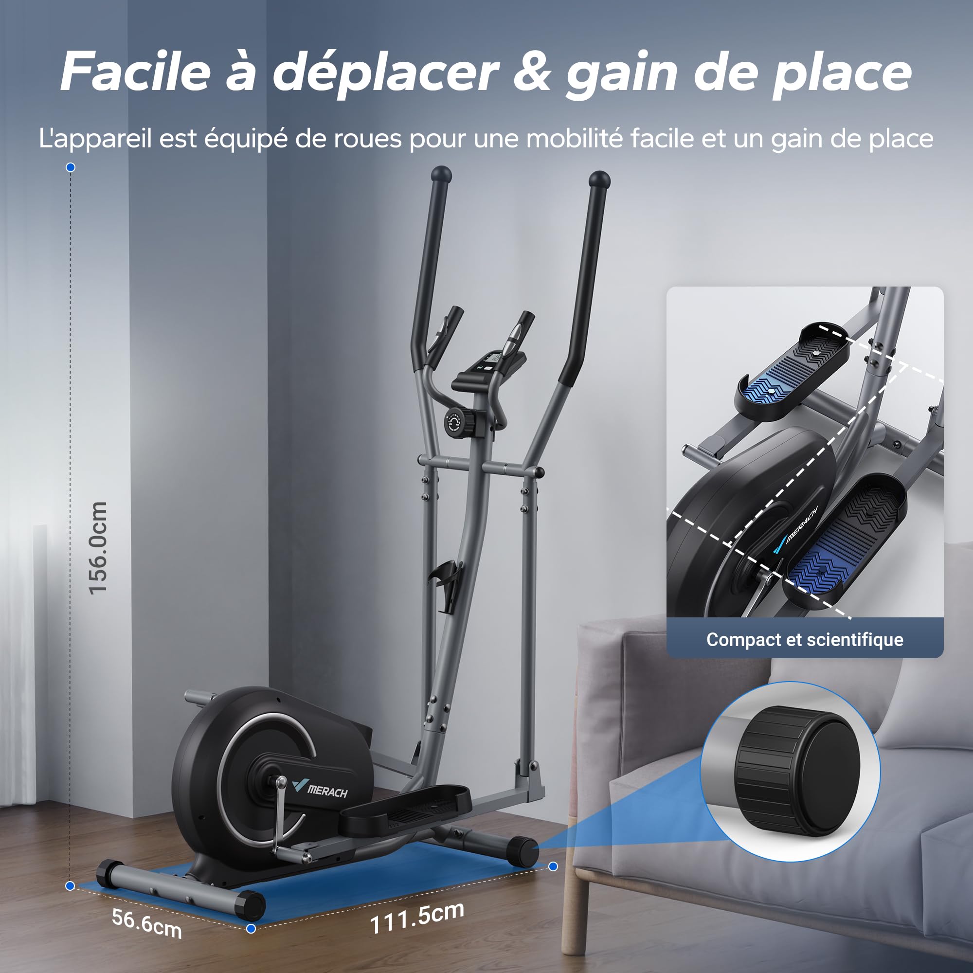 MERACH Vélo Elliptique pour la Maison, Ultra Silencieux Elliptique Compacts avec Résistance Magnétique à 16 Niveaux, Écran LCD, Capteur de Pouls, Application Exclusive MERACH, Capacité de charge 120KG
