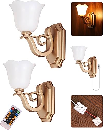 WRalwaysLX Paquete de 2 apliques de pared LED góticos alimentados por USB, apliques de pared de plástico dorado vintage con control remoto para