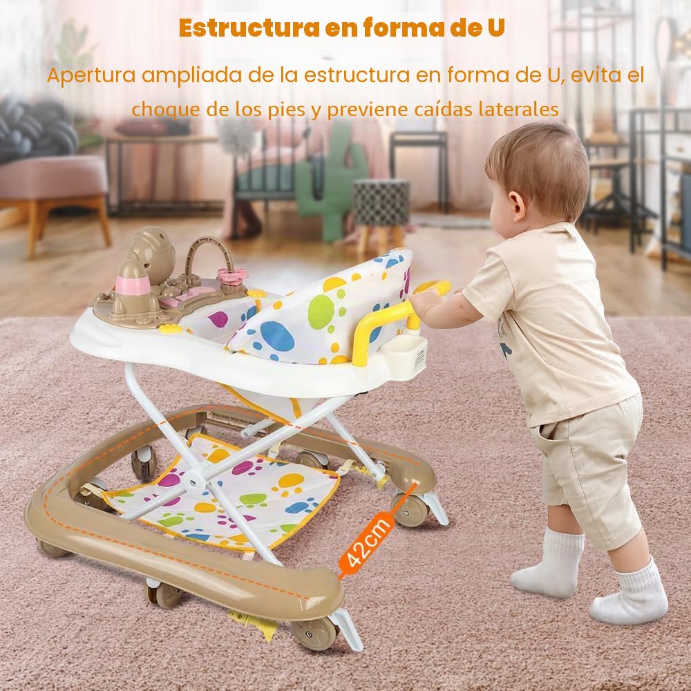 Andador para bebé con musical, andador de bebé fácilmente plegable, placa extraíble, toldo de coche, 6 a 18 meses, hasta 12 kg, 62 x 68 x 36 – 81 cm, color caqui
