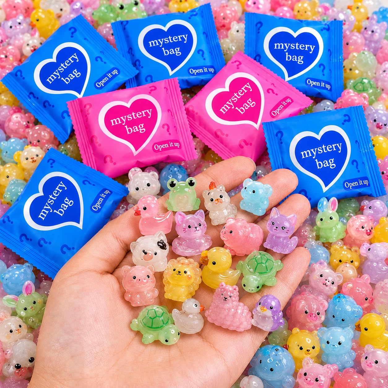 50pcs Glow in the Dark Resin Animals Mystery Blind Bags, Mini Resin Animal Figures Collection, Surprise Toy Tiny Figurines for Kid Birthday Party Favors Classroom Prize DIY Crafts Fairy Garden Gifts