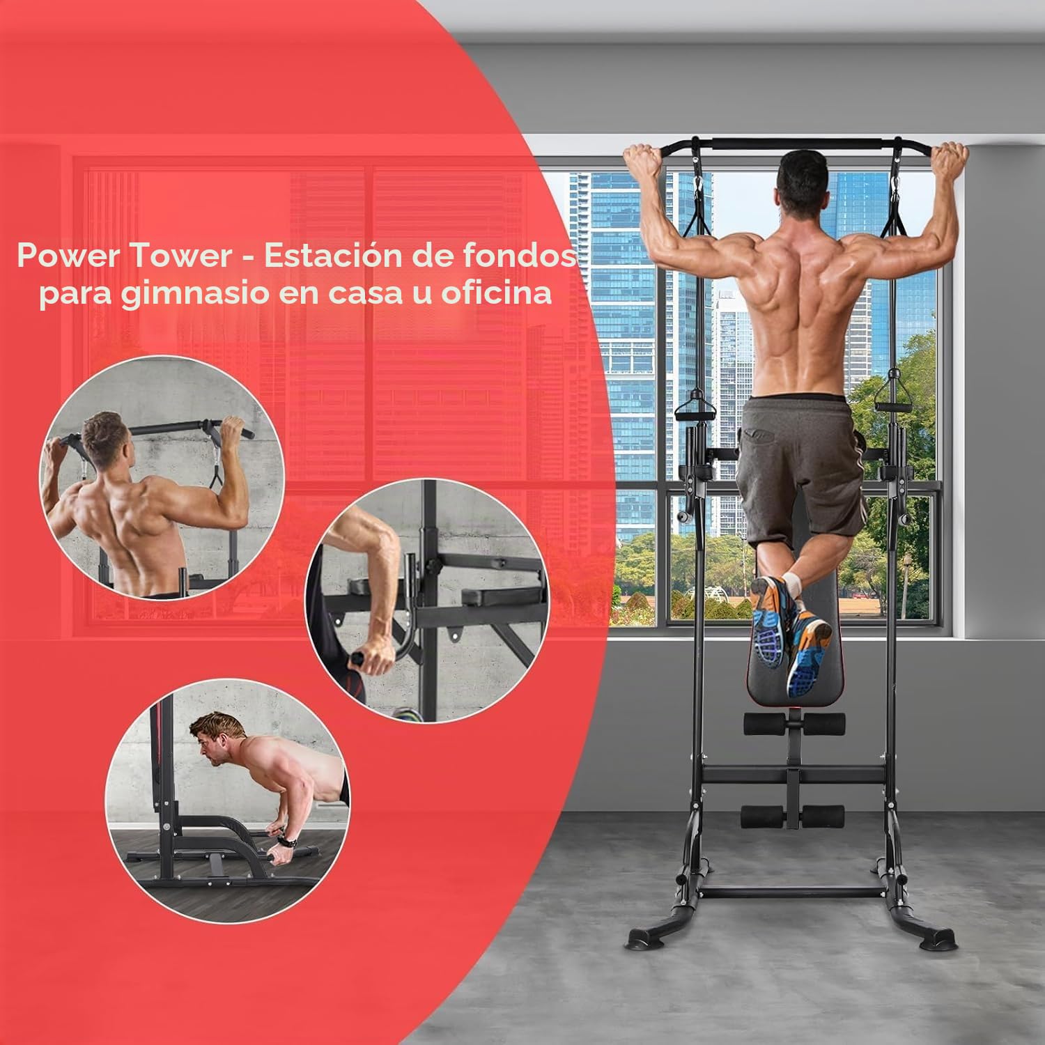 Power Tower Dip Station - Estación de Dominadas con Banco de Gimnasio Plegable, Estación de Inmersión con Correas de Entrenamiento, Ejercicio en Casa, Carga Máxima 200kg