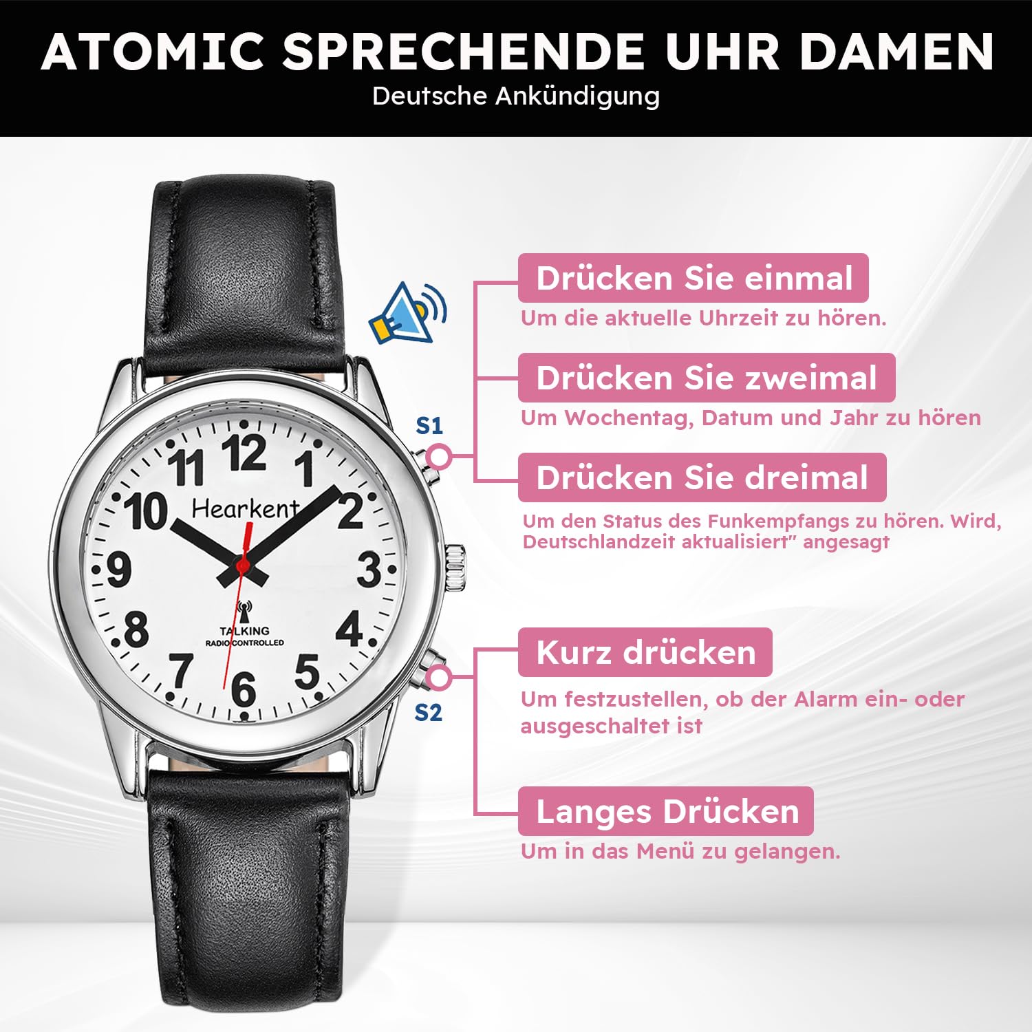 Hearkent Sprechende Uhr mit Deutscher Sprachausgabe, Senioren Armbanduhr, Blinden Uhren, Sehbehindertenuhr