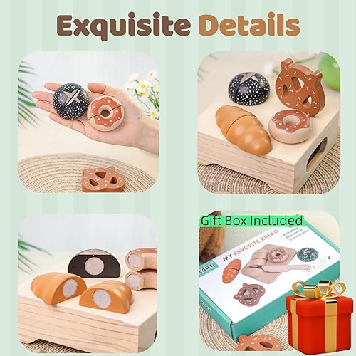 Miniatura 8 de Juego de comida de cocina de madera para cortar pan, 7 piezas con bolsa de compras y caja de regalo, juguete educativo Montessori y regalo de