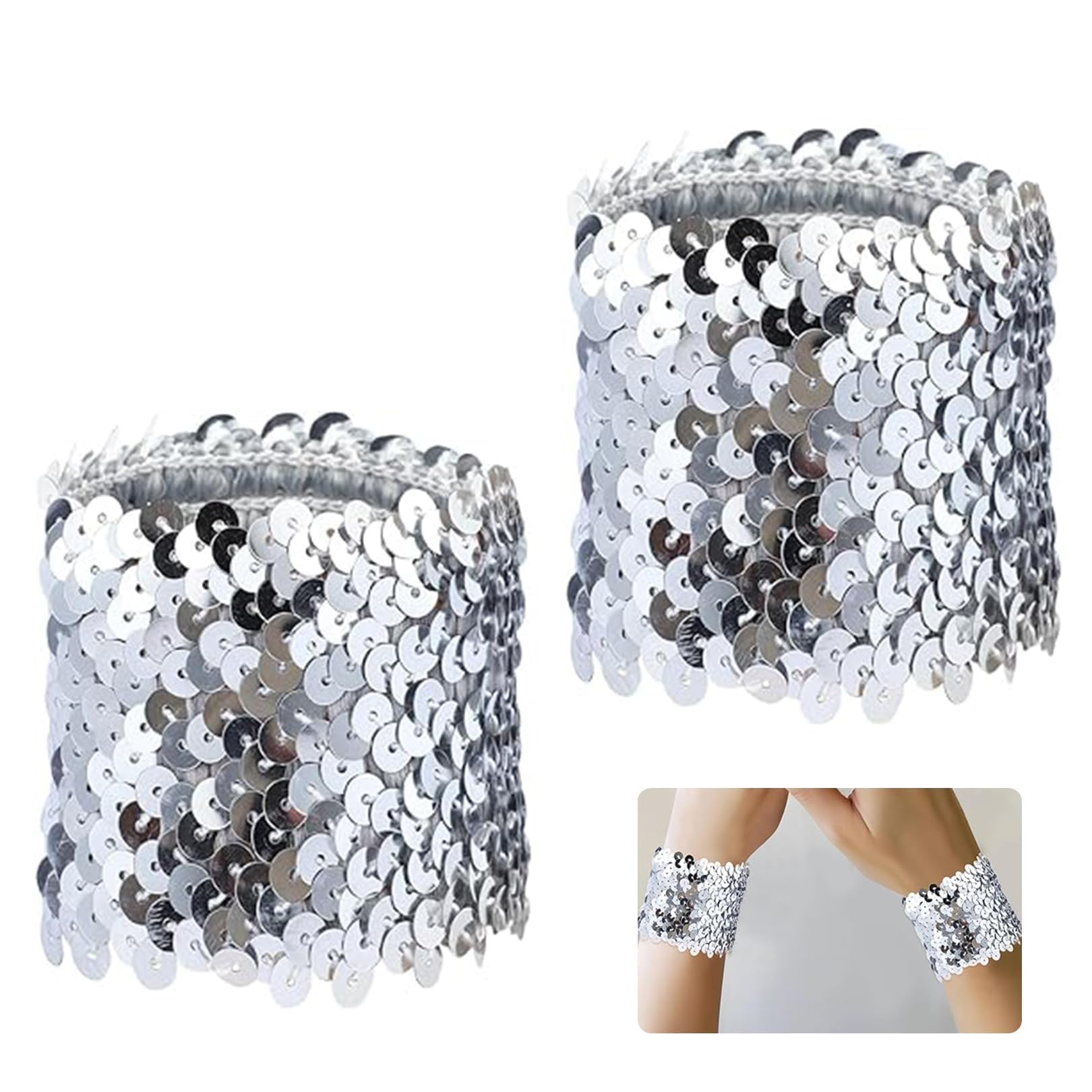 FJDRSIG 2 Pcs Sequin Wrist Cuffs,Sparkly Silver Glitter Wristbands,Stretchy Sequin Wrist Strap,Perfect for Stage Performances,Rave Dance,Cosplay and Costume Parties,Disco Party Stage (Silver)