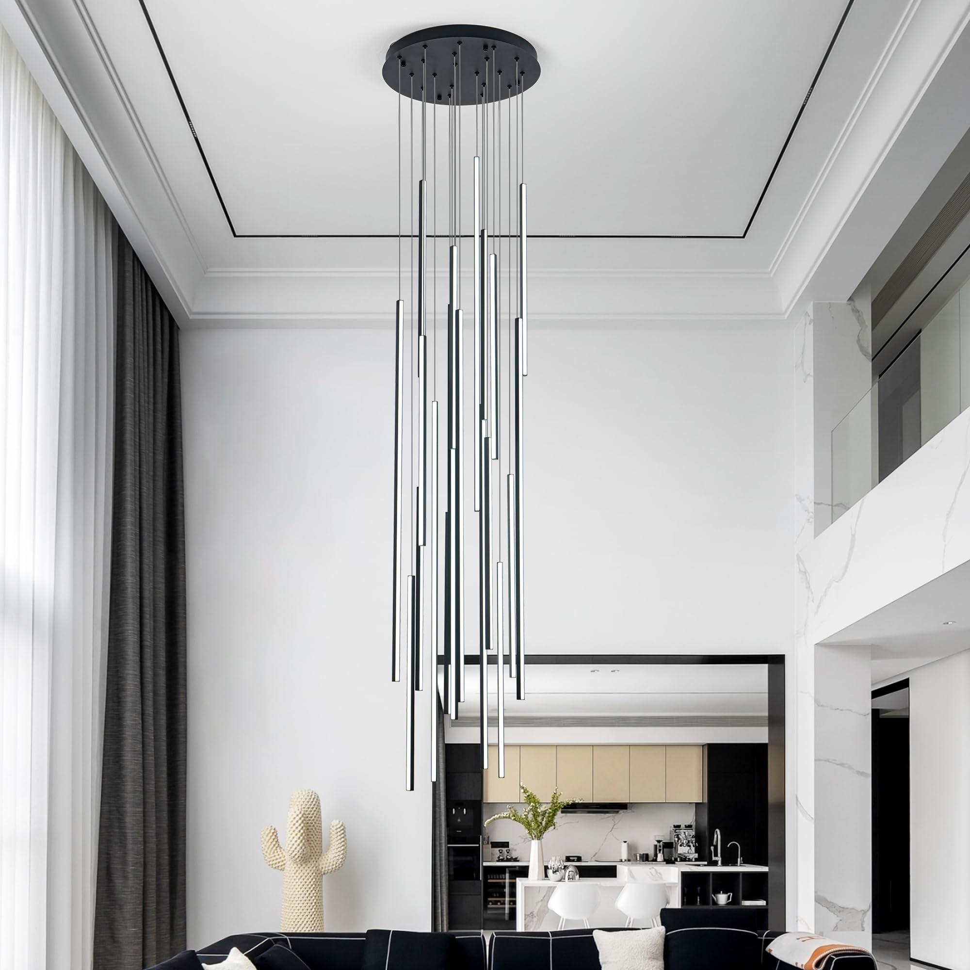 Condition photo showing Good Condition for 138" Modern LED Chandelier, Clustered Led Pendant Light, 20-Lights Dimmable High Ceiling Large Hanging Lighting Fixture for Loft Villa Living Room Stairs Foyer (Black-110W-20 Lights)
