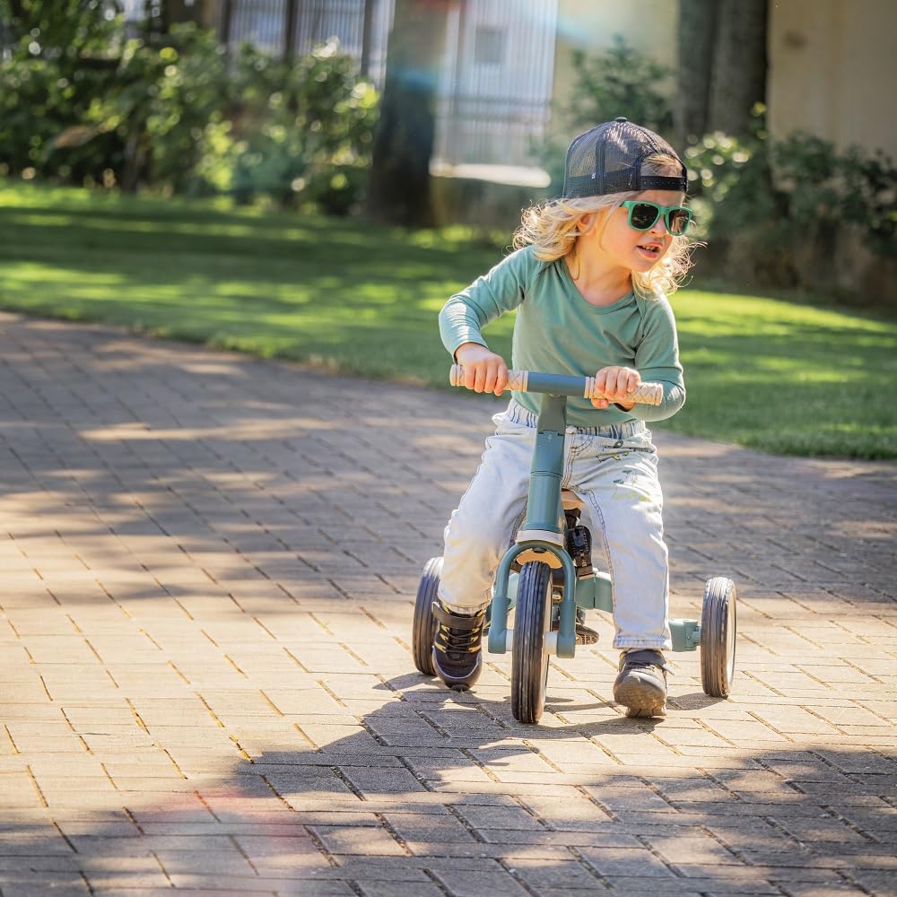PETITE&MARS Turbo Plus 5in1 Kinder-Dreirad & Laufrad | Multifunktionales 3–5-Rad mit Sonnendach | Für 1,5–5 Jahre | Abnehmbarer Pedalantrieb, Verstellbarer Sitz, Gurt, PU-Räder (Misty Green)