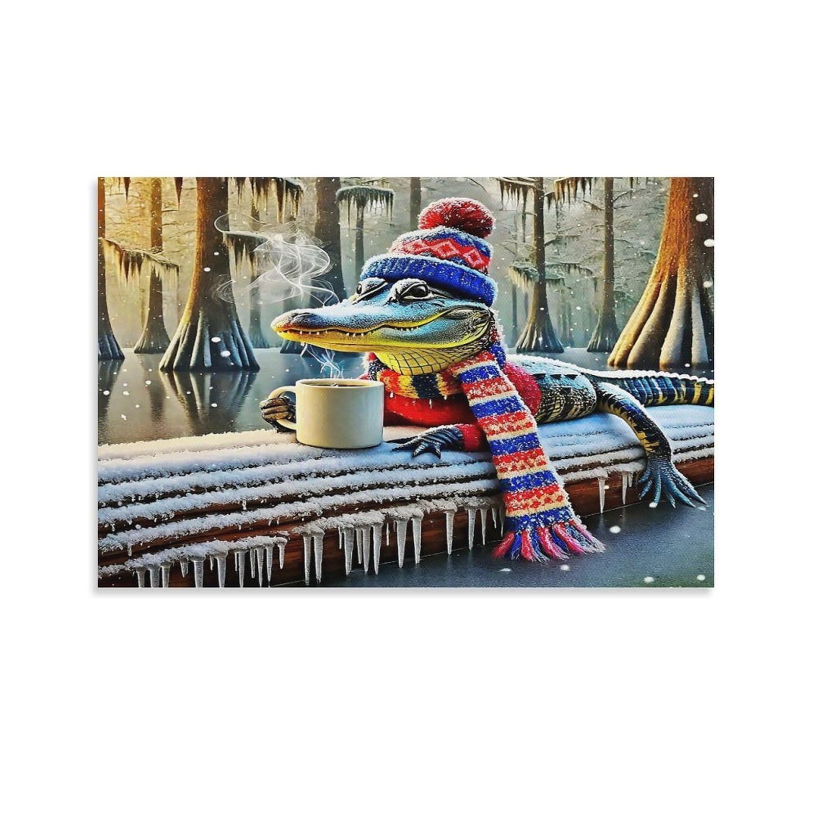 CPLVKWRQJ Crocodile in Winter Hat Individual Winter Alligator with Mug Framed Canvas Art - Living Room Focal Point Fade Resistant Gallery Wall Decor 20x30inch(50x75cm)
