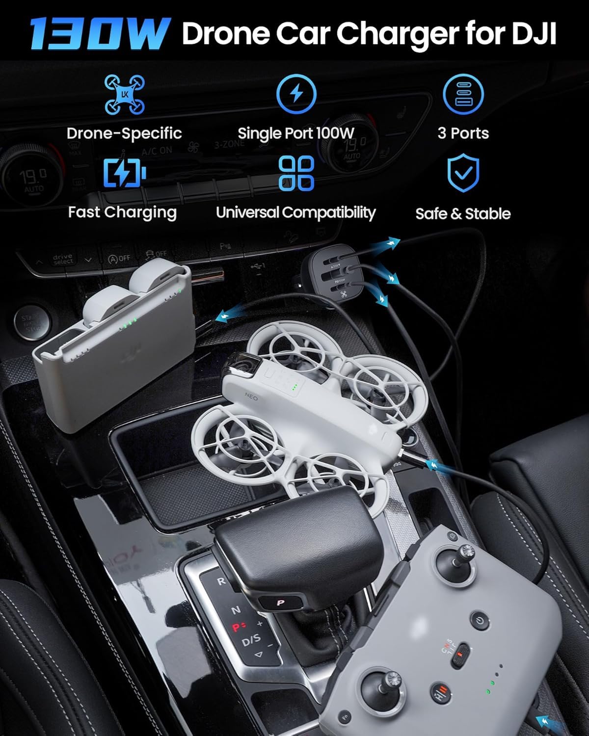 LKTOP Kit de cargador de batería específico para drones, carga súper rápida, adaptador de corriente USB-C de 100 W + cargador de coche de 130 W, compatibilidad: DJI Mavic 4 Pro/Mavic 3/Air 3/Mini