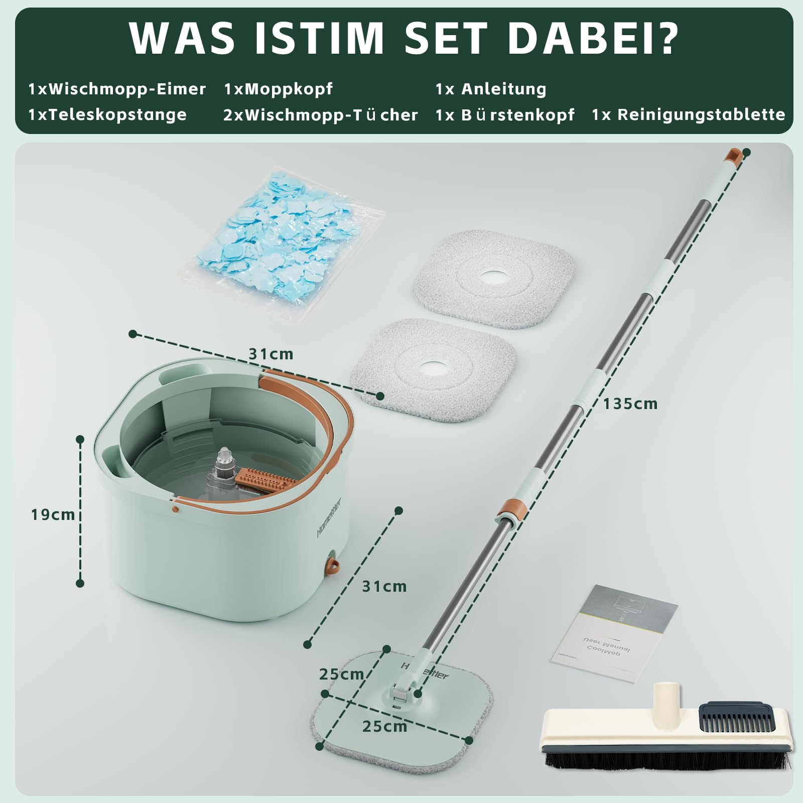 Juego de fregona con cubo, sistema de 2 cámaras, mopa giratoria 360°, juego de fregona y cubo de limpieza, juego de fregona con función de escurridor y barra telescópica, mopa de microfibra para todo