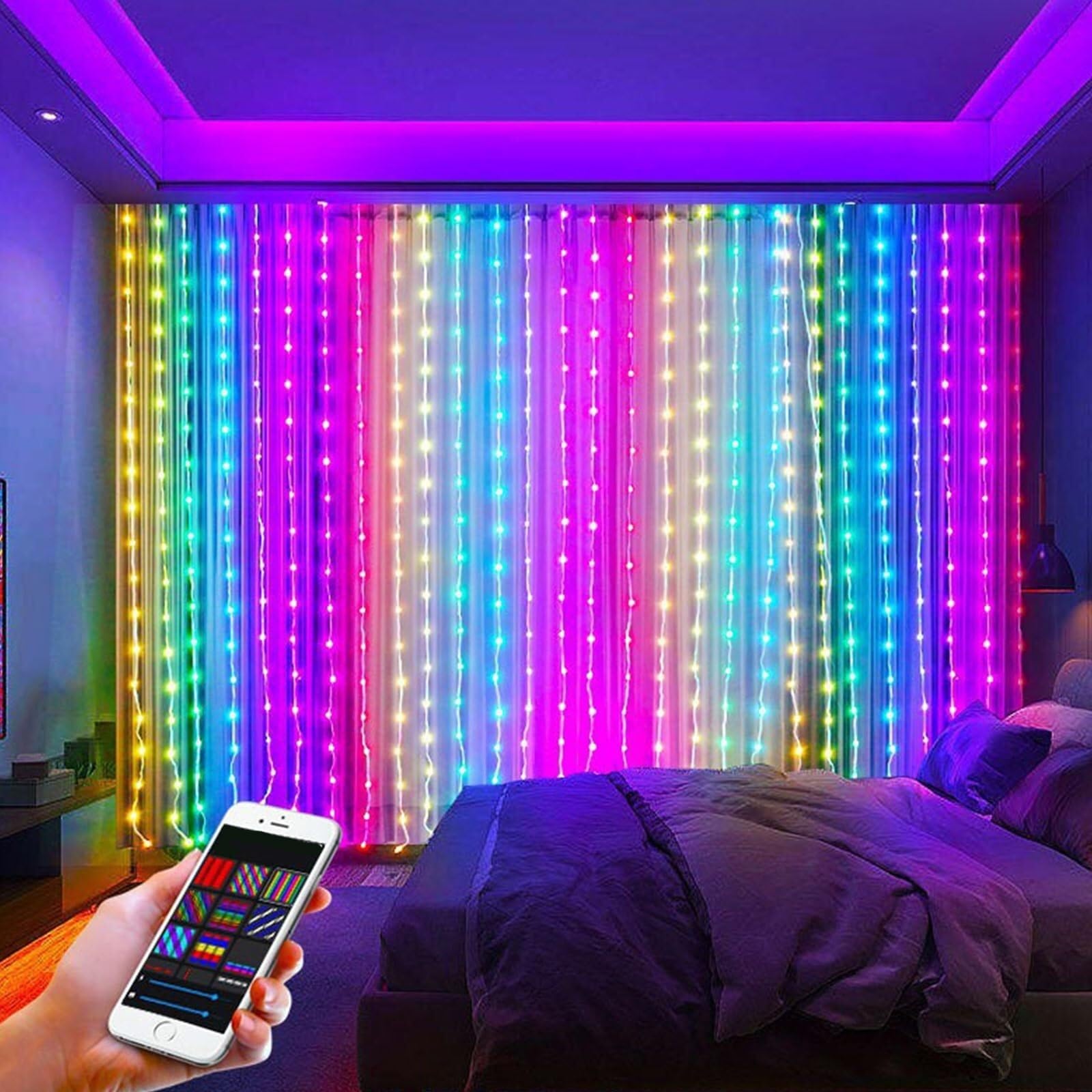 Luci animate per albero di Natale, luci LED per tende, timer e memoria, RGB per esterni, da parete, finestra, con telecomando, alimentazione USB, impermeabile IP65, 2x2m(1 X 1 M)