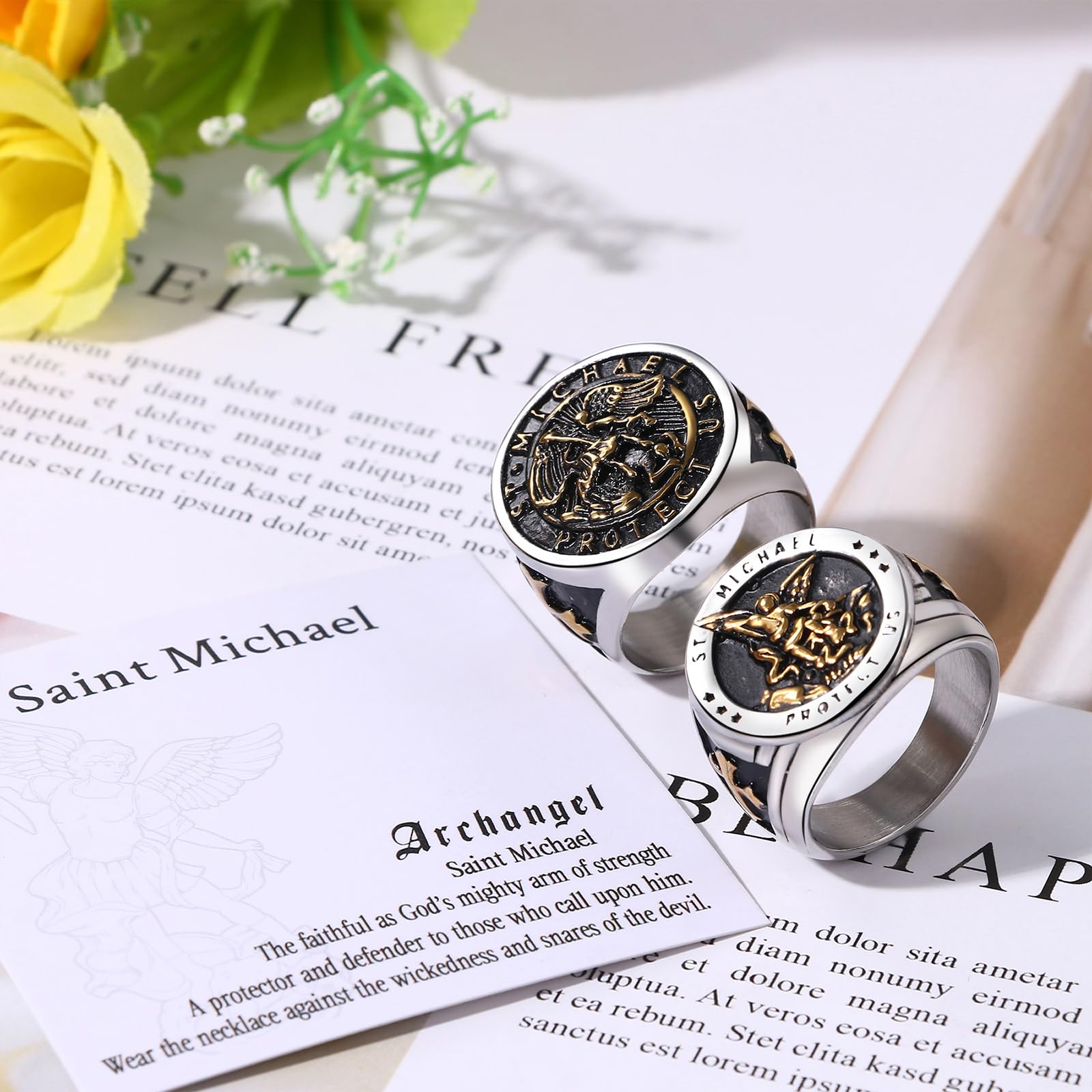 OIDEA Anillo San Miguel Hombre: Juego de Anillos Sello de San Cristóbal de Acero Inoxidable Ángel de la Guarda Joyas Amuleto Religiosas Tallas 17 a 30 - Para Rezar Uso Diario Regalo
